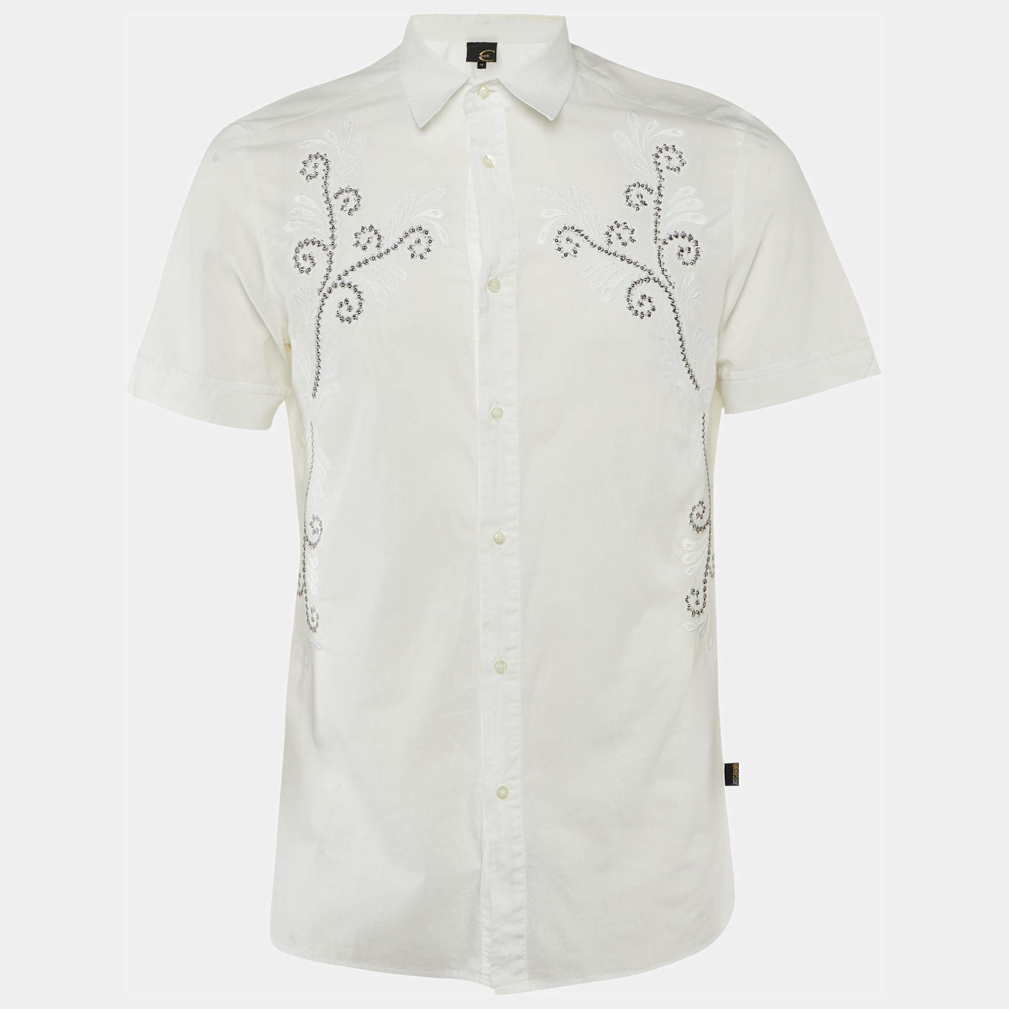 Pre Owned Just Cavalli White Embroidered Cotton Slim Fit Shirt M