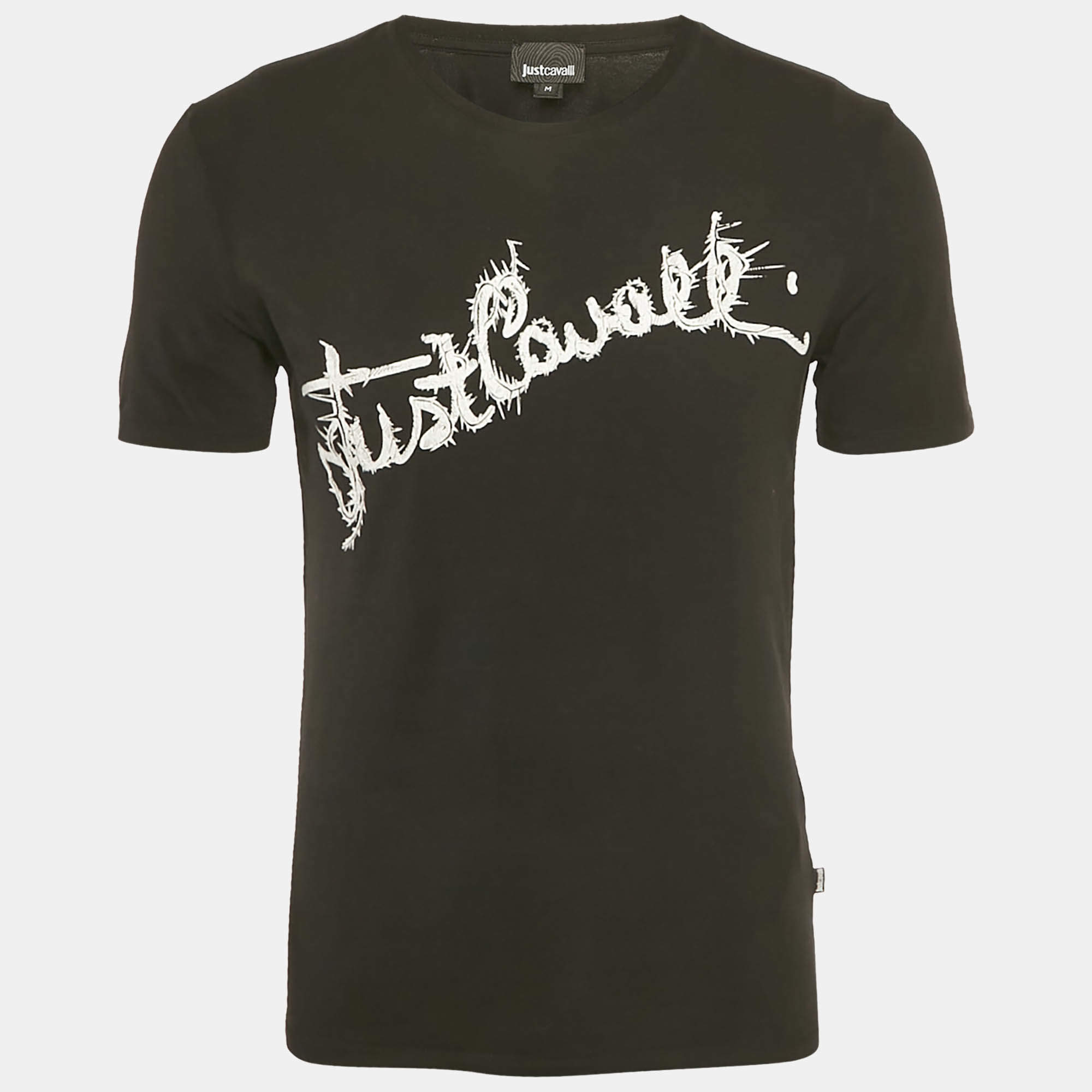 مملوكة مسبقًا Just Cavalli Black Logo Print Cotton Crew Neck Half Sleeve T-Shirt M