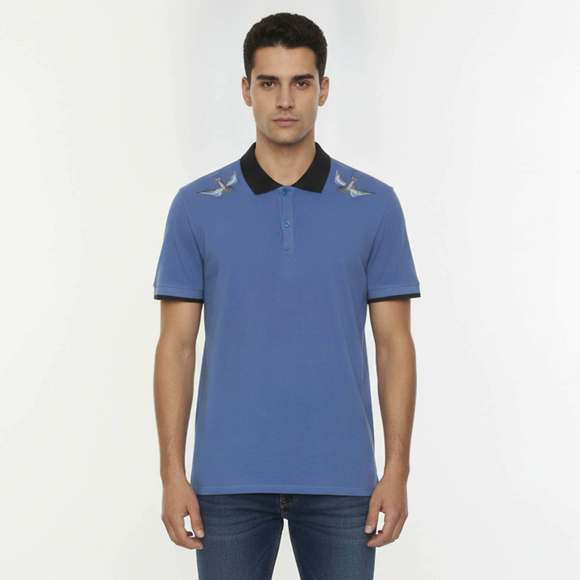 Pre Owned Just Cavalli Blue Bird Printed Cotton Pique Polo T-Shirt XL