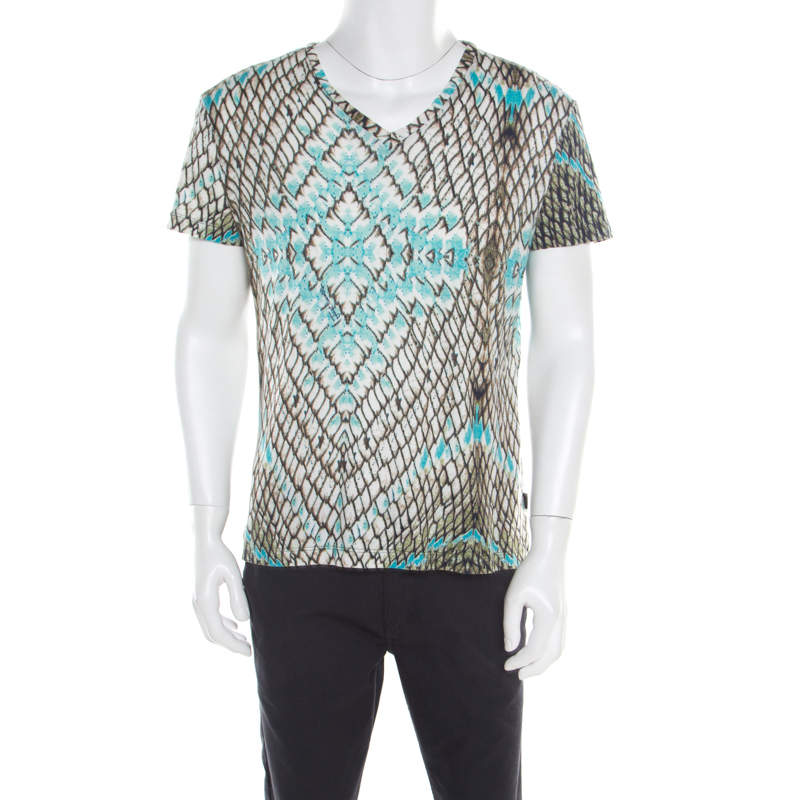 Just Cavalli Multicolor Snakeskin Print Cotton Blend V Neck T- Shirt XXL