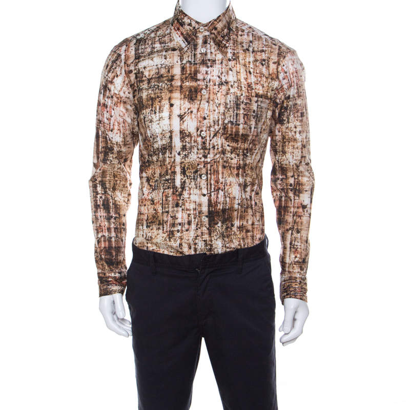 Pre Owned Just Cavalli Brown Abstract Print Stretch Cotton Button Front Shirt L