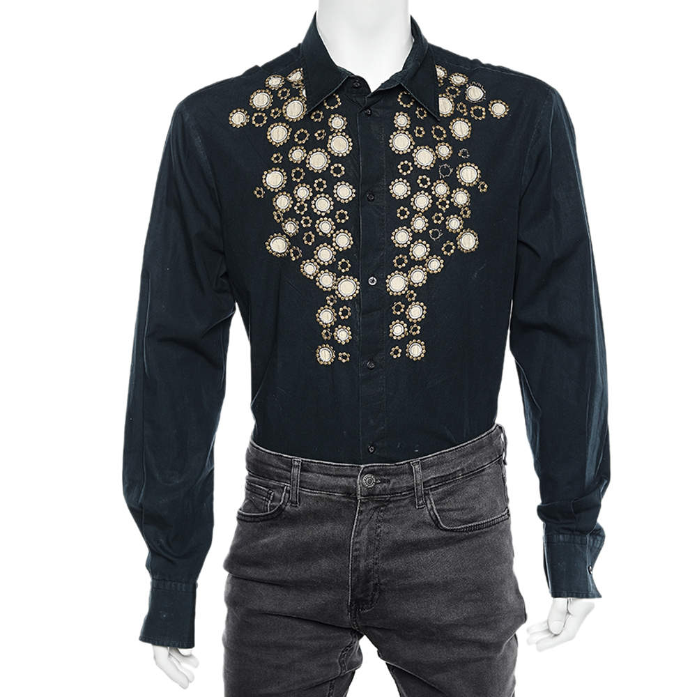 Pre Owned Just Cavalli Black Embellished Cotton Button Front Shirt XXL