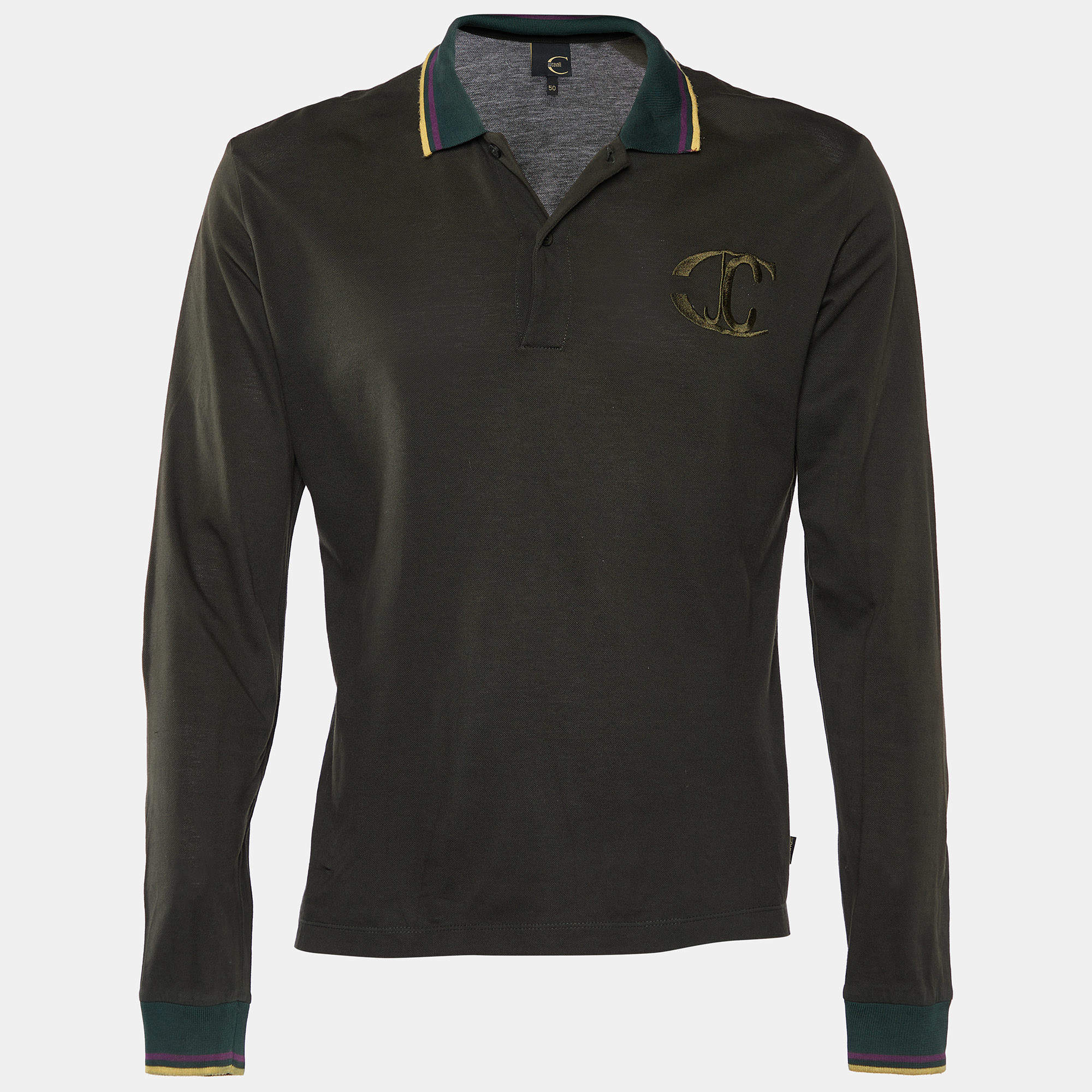 Just Cavalli Olive Green Cotton Pique Long Sleeve Polo T-Shirt L