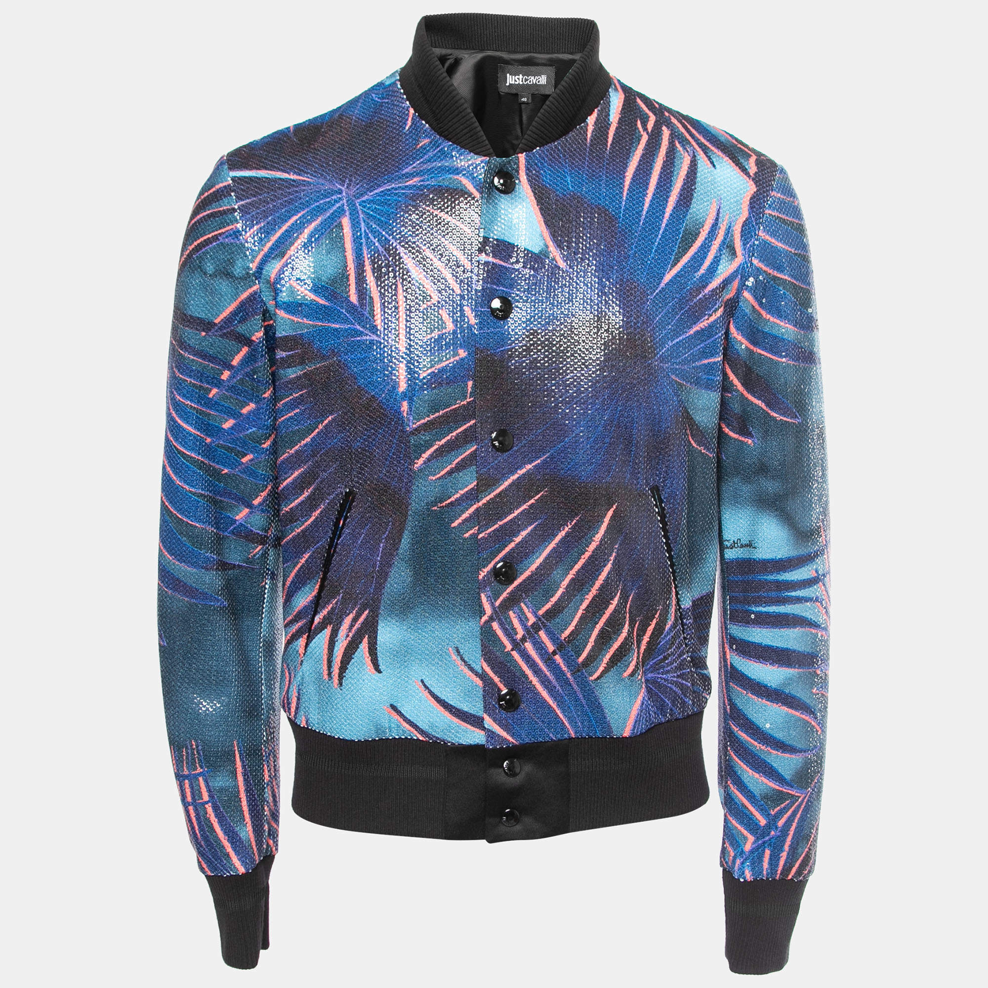 Just Cavalli Blue Multicolor Printed Sequined Bomber Jacket S