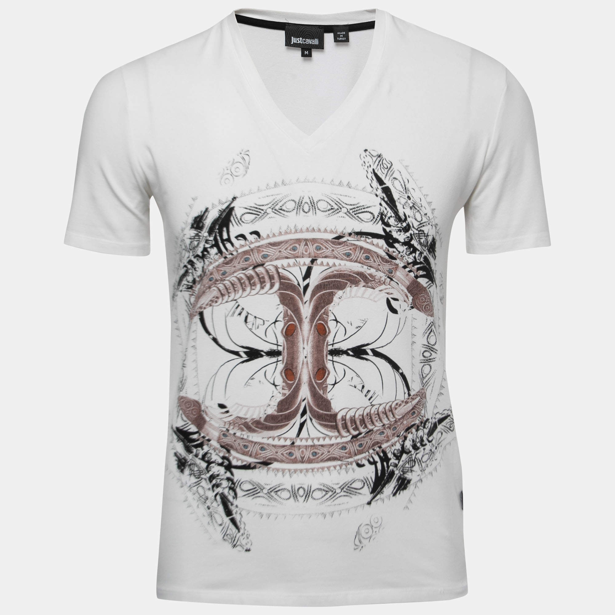 Pre Owned Just Cavalli White Graphic Logo Print Cotton V-Neck T-Shirt M