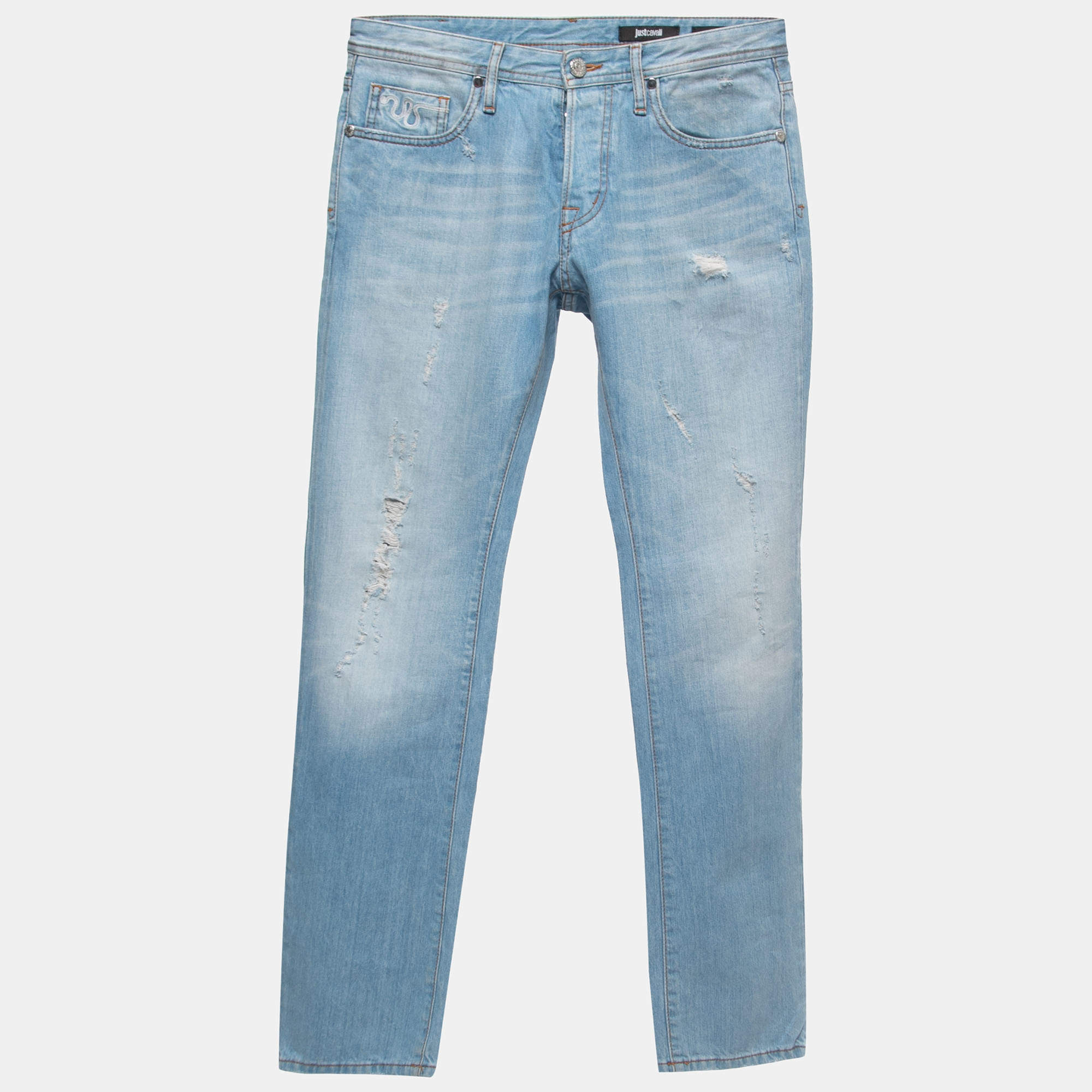 Pre Owned Just Cavalli Blue Washed Distressed Regular Fit Jeans XS Waist 30"