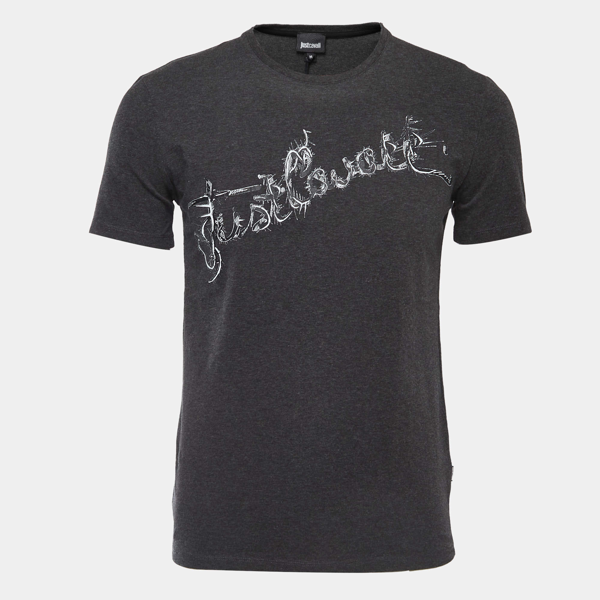 Pre Owned Just Cavalli Grey Logo Print Cotton Crew Neck Half Sleeve T-Shirt M