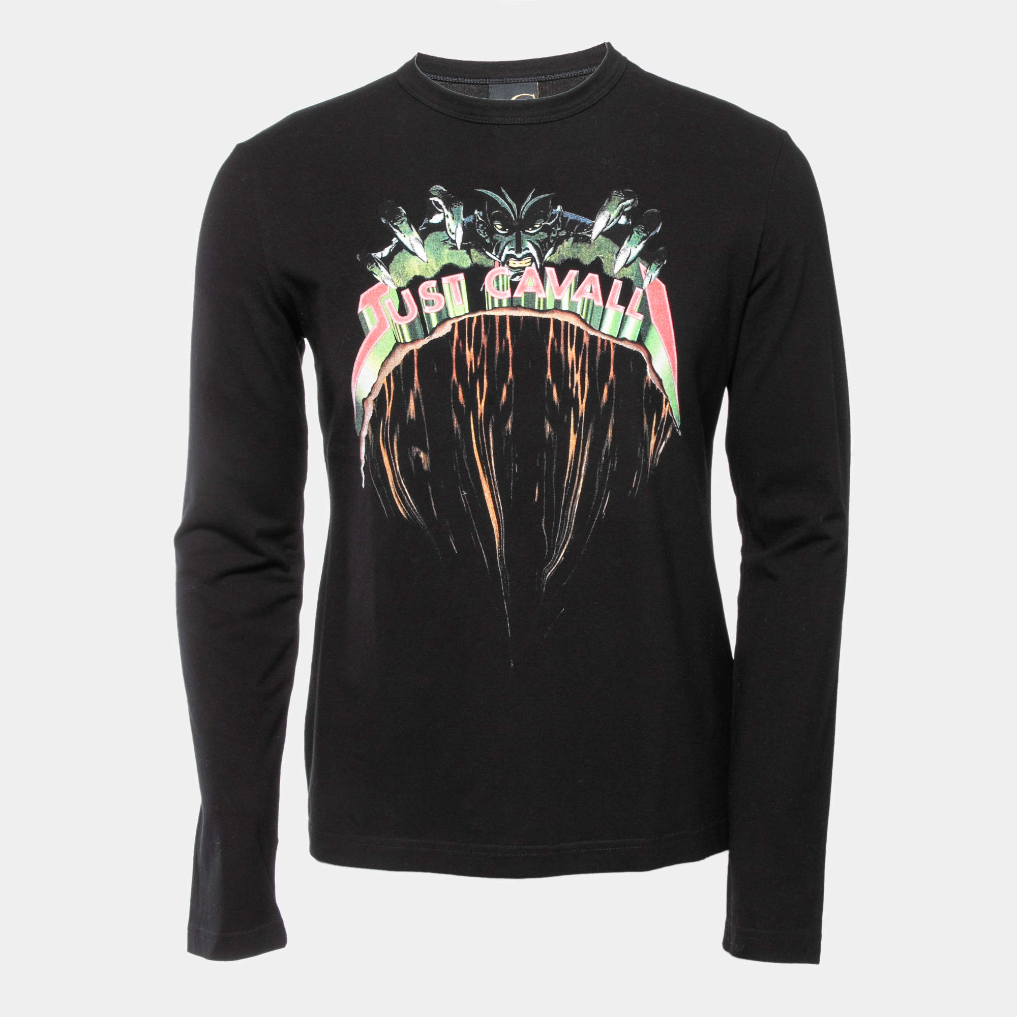Just Cavalli Black Logo Print Cotton Crew Neck Long Sleeve T-Shirt L