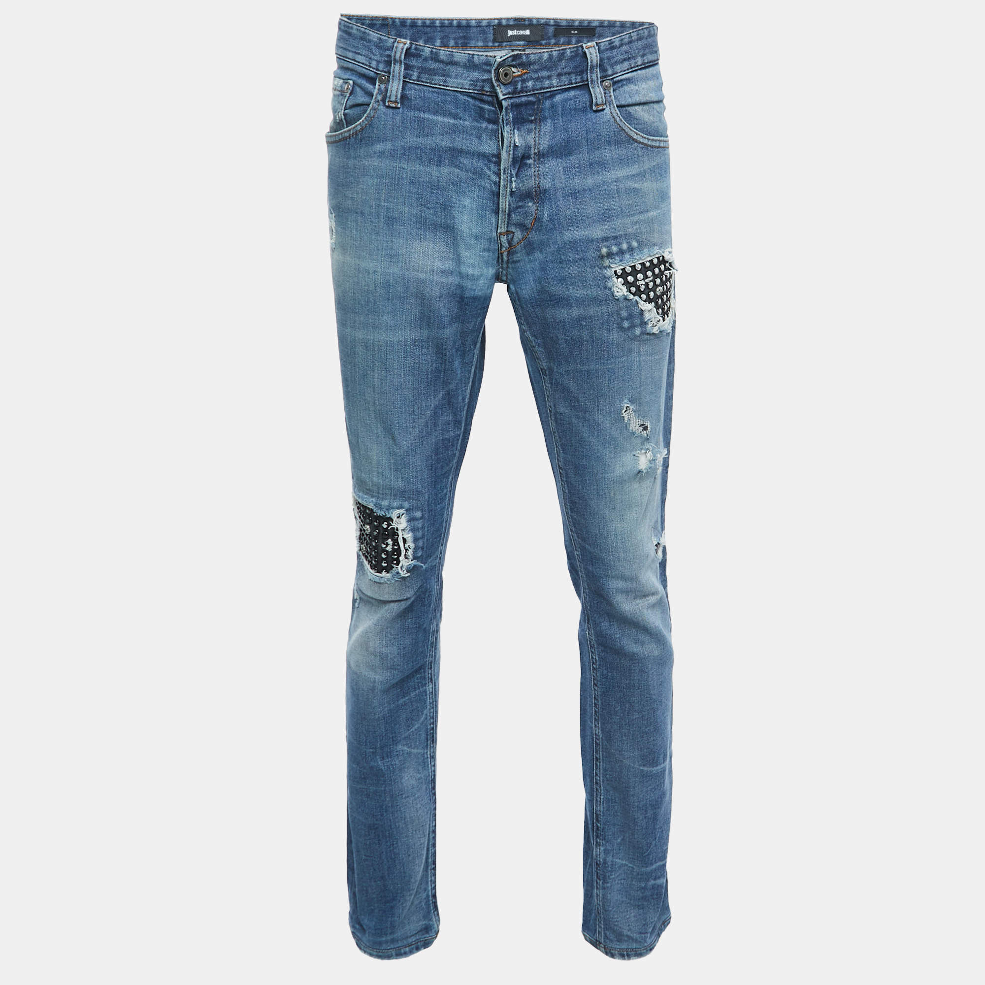 Pre Owned Just Cavalli Blue Washed & Ripped Denim Slim Fit Jeans XL Waist 36"