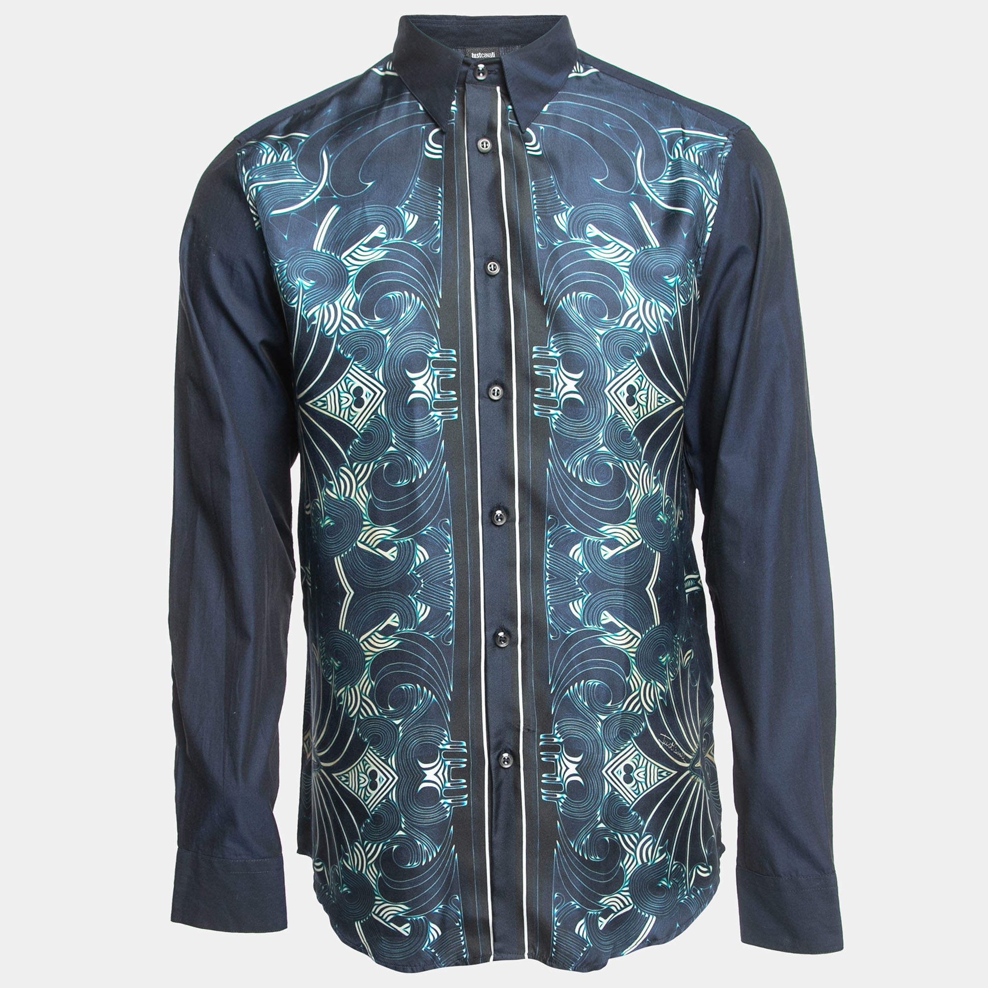 Pre Owned Just Cavalli Navy Blue Print Silk & Cotton Button Front Full Sleeve Shirt M