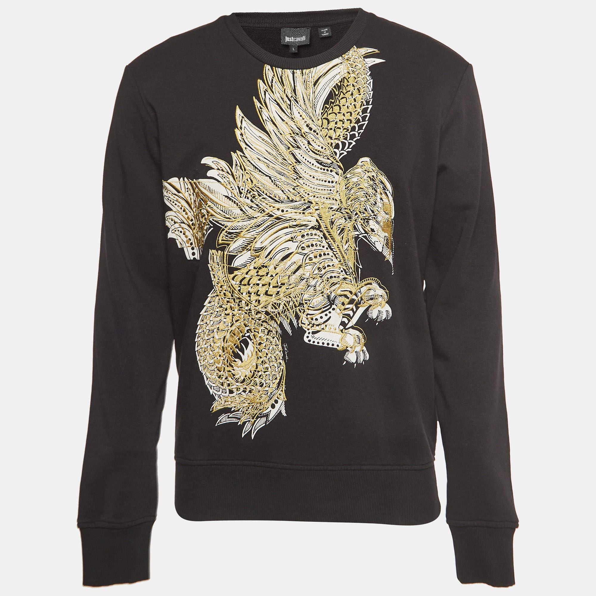 Pre Owned Just Cavalli Black Eagle Embroidered Cotton Crew Neck Sweatshirt L