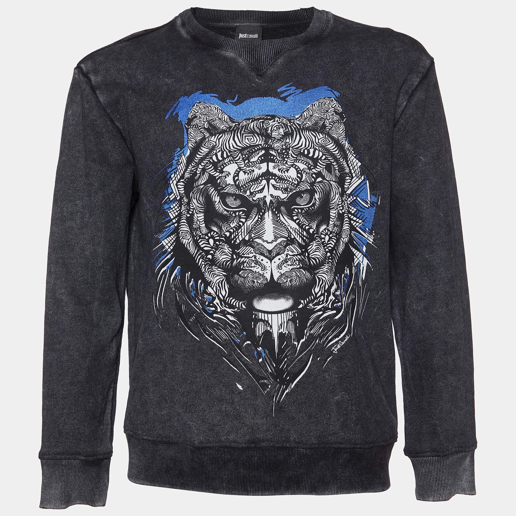 Pre Owned Just Cavalli Grey Tiger Printed Cotton Sweatshirt XL