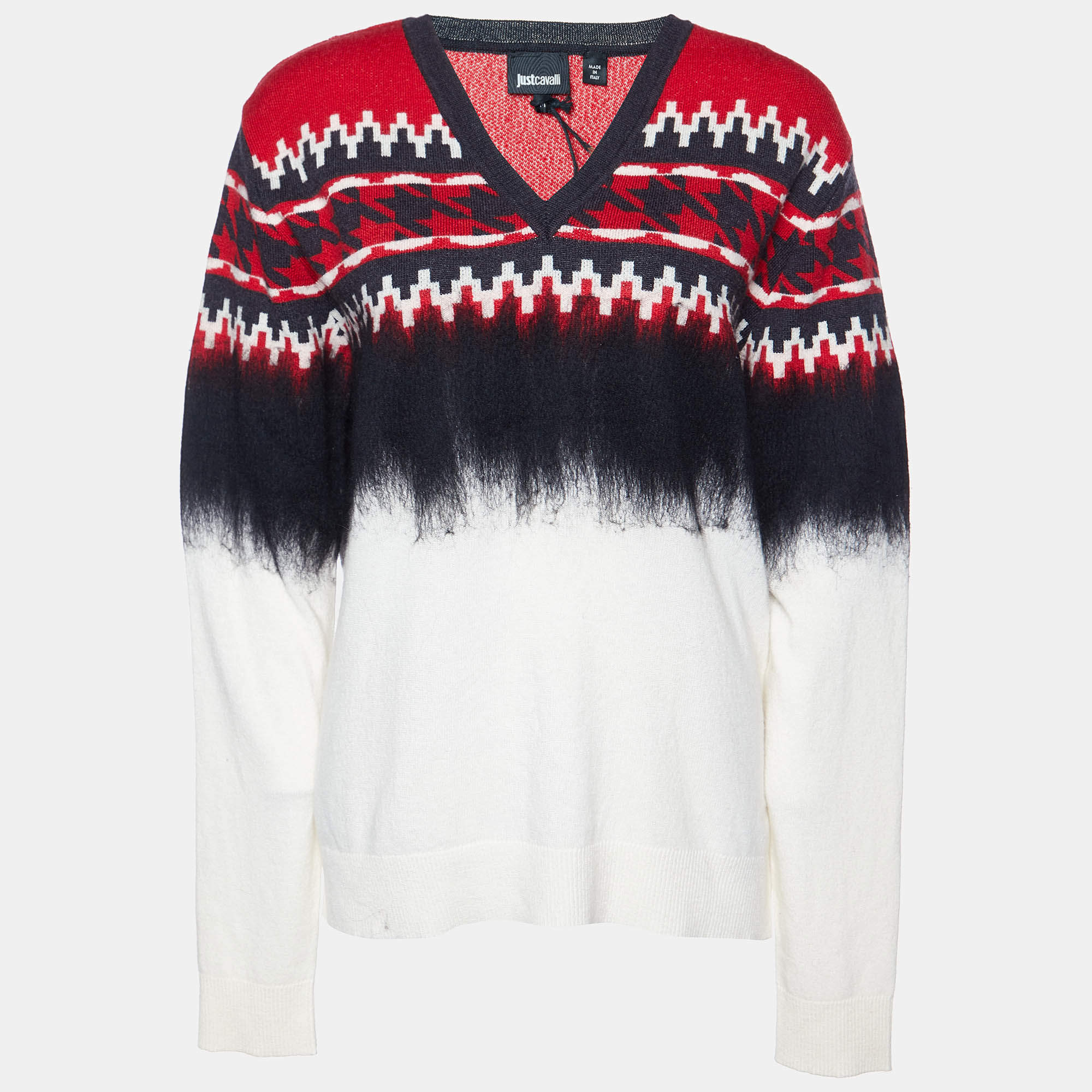 Just Cavalli Multicolor Patterned Wool and Silk V-Neck Sweater M