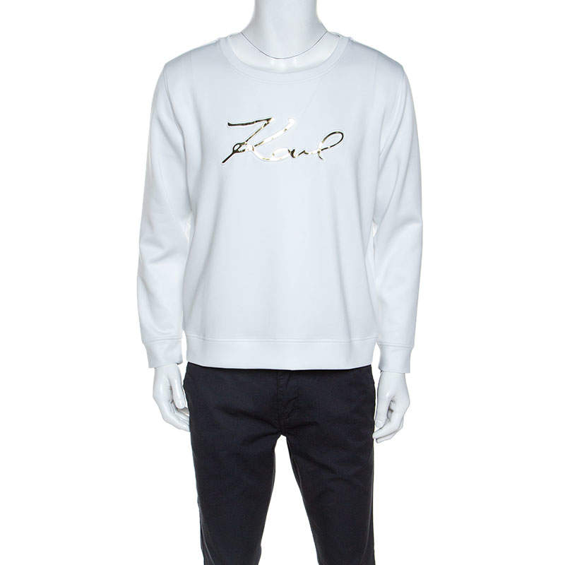 Pre Owned Karl Lagerfeld White Logo Applique Scuba Jersey Sweatshirt L