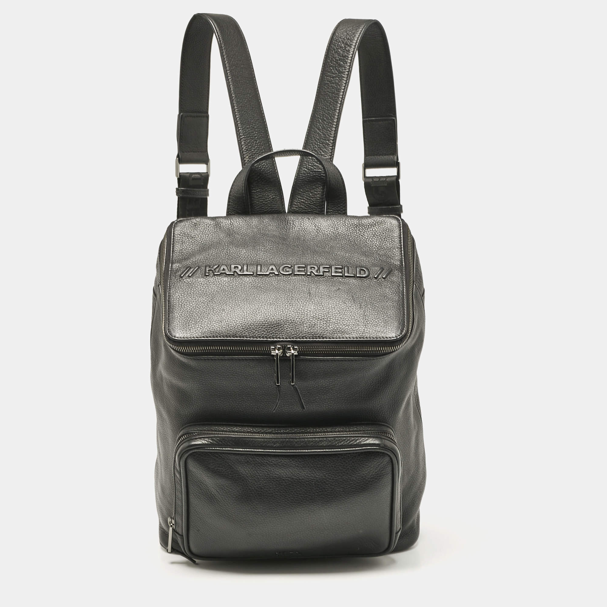 Karl Lagerfeld Black Leather Front Pocket Backpack