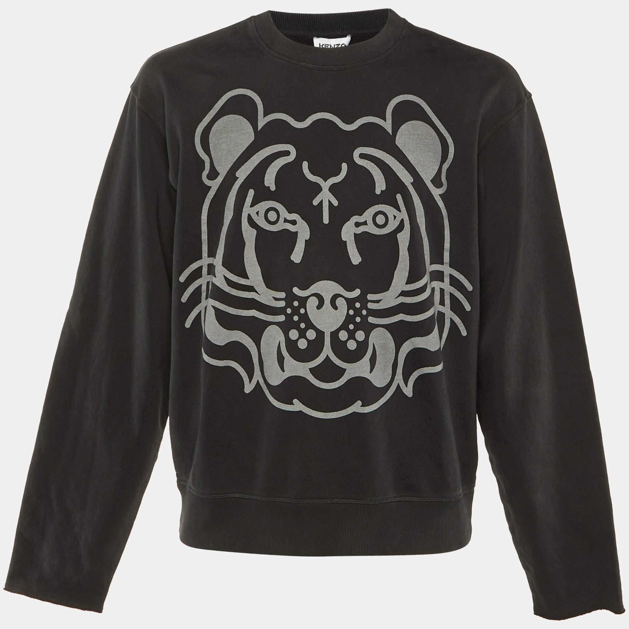Pre Owned Kenzo Black Tiger Print Cotton Crew Neck Sweater L