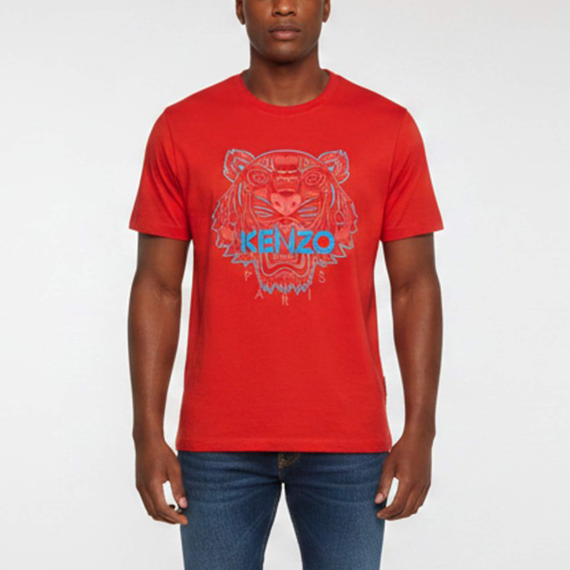 Pre Owned Kenzo Vibrant Red Tiger Print Jersey Crew Neck T Shirt L