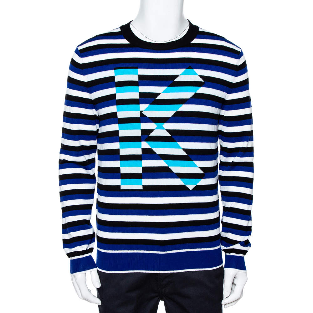 Pre Owned بلوفر كينزو تريكو شعار الماركة مخطط إنتارسيا أزرق فرينش مقاس وسط (ميديوم)