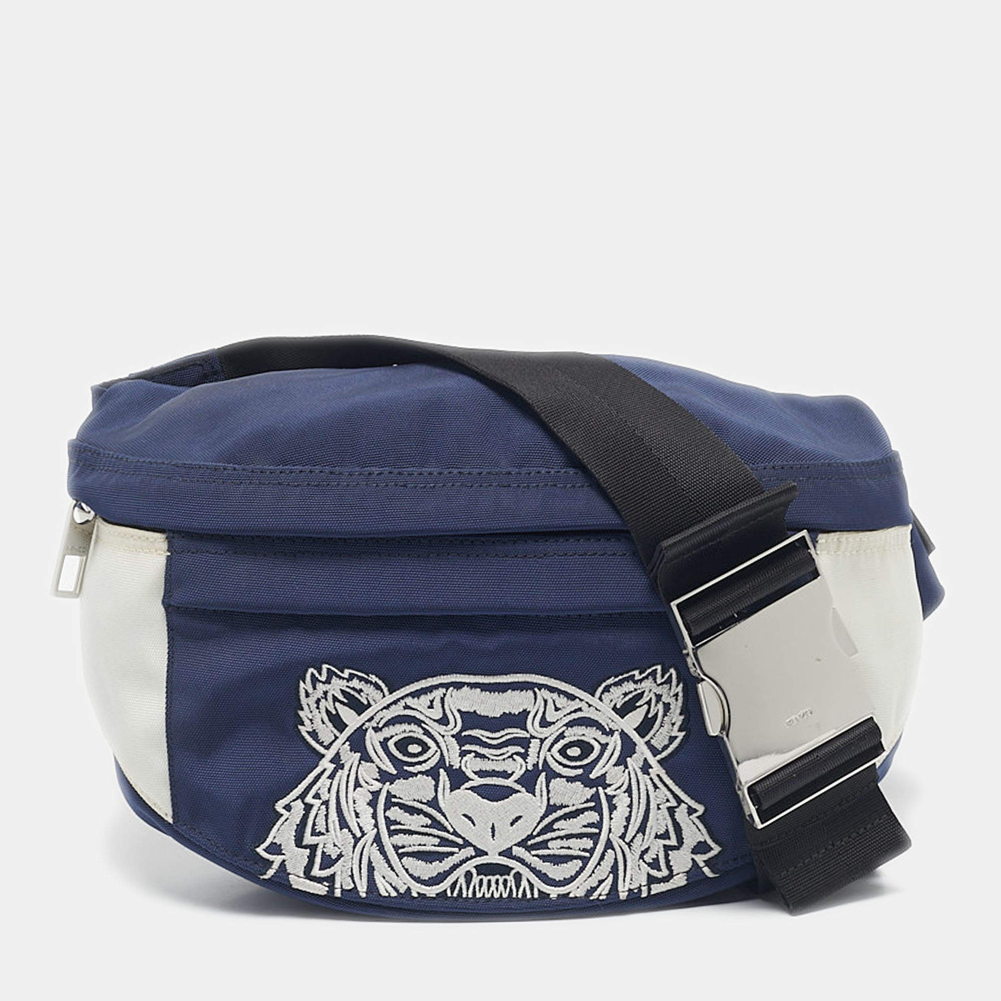 Pre Owned Kenzo Navy Blue/White Nylon Embroidered Tiger Belt Bag