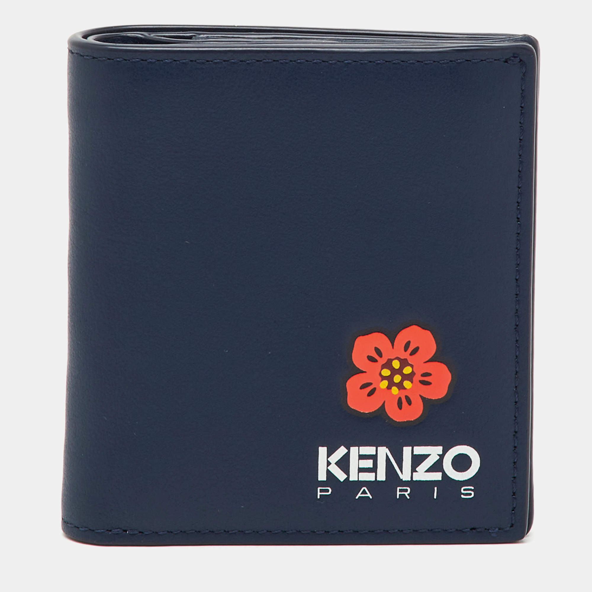 Pre Owned Kenzo Navy Blue Leather Boke Flower Logo Print Mini Bifold Wallet