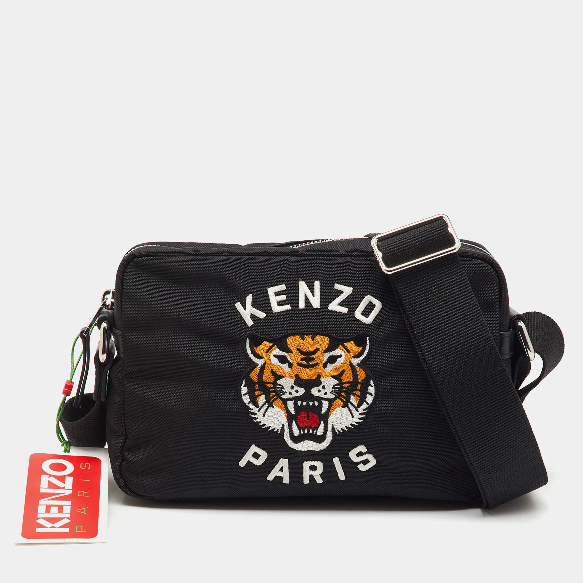 Pre Owned Kenzo Black Fabric Tiger Varsity Embroidered Crossbody Bag