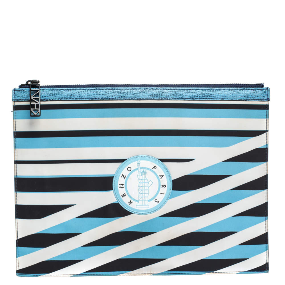Kenzo Multicolor Striped Fabric and Leather A4 Zip Pouch