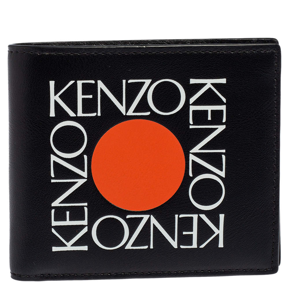 Pre Owned Kenzo Black Leather Sqaure Logo Bifold Wallet 