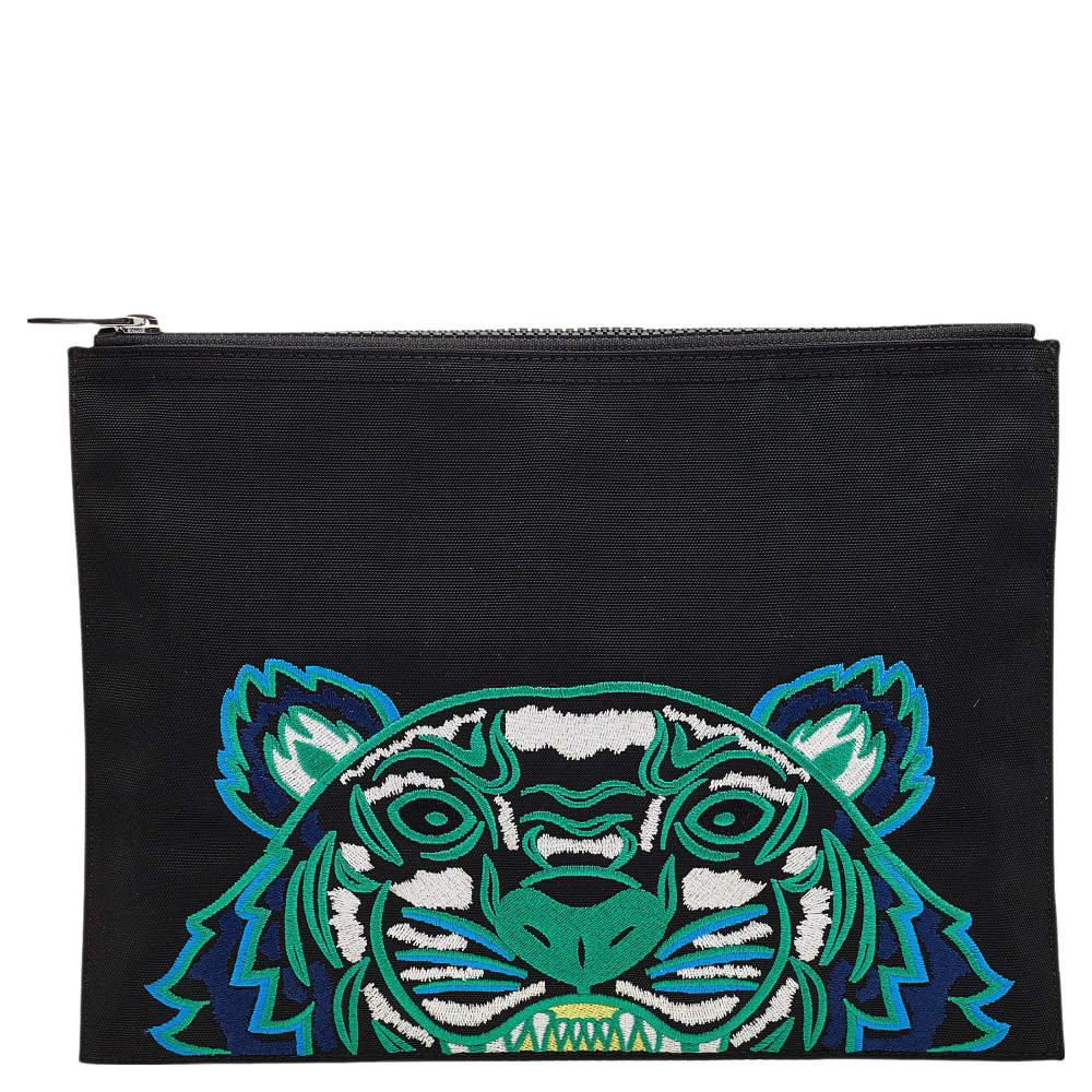 Pre Owned Kenzo Black Nylon Logo Embroidered Pouch