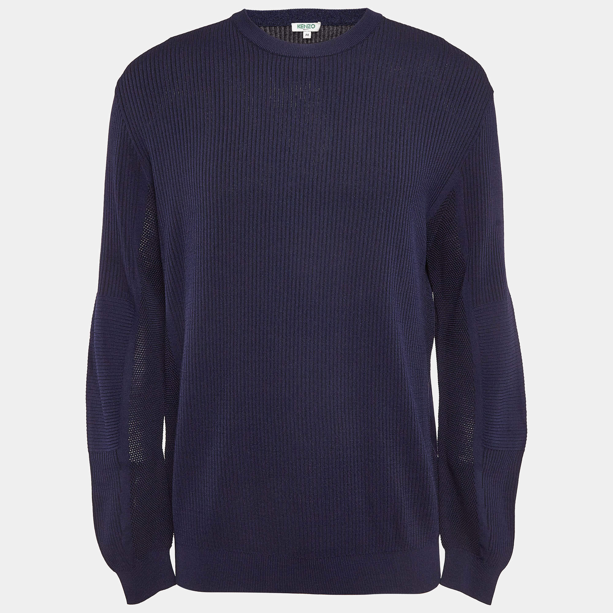 Pre Owned Kenzo Navy Blue Logo Intarsia Rib Knit Sweater M