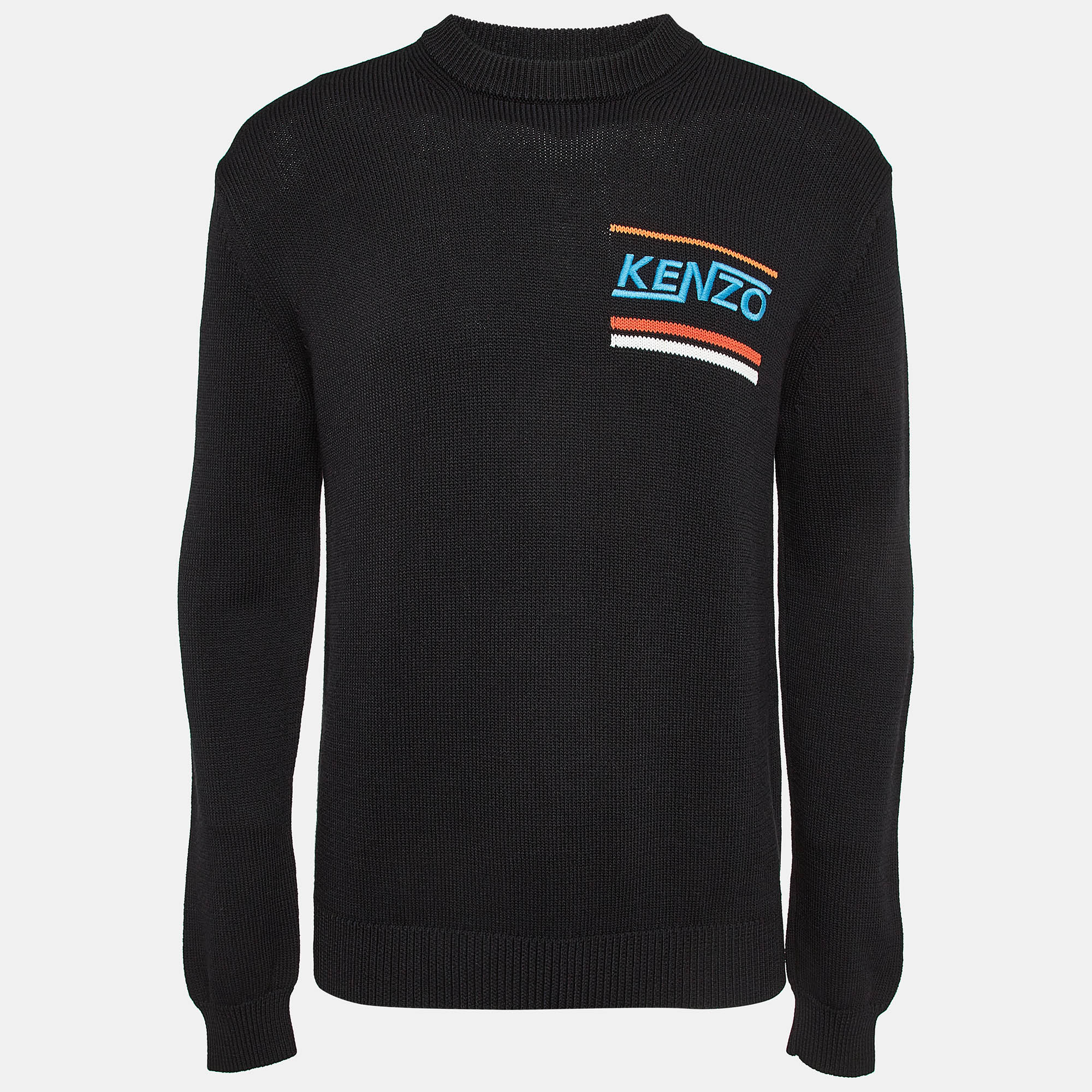 Pre Owned Kenzo Black Embroidered Rib Knit Jumper M