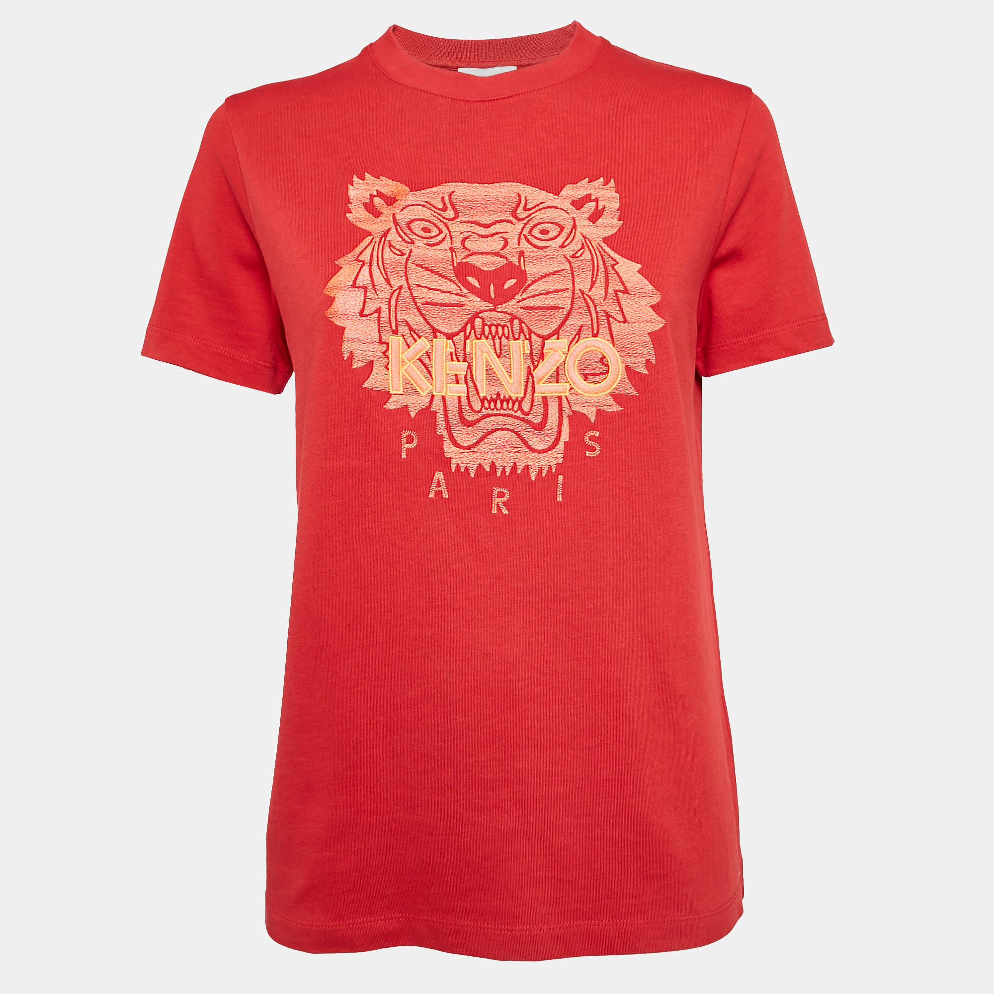 Pre Owned Kenzo Red Logo Embroidered Crew Neck T-Shirt M