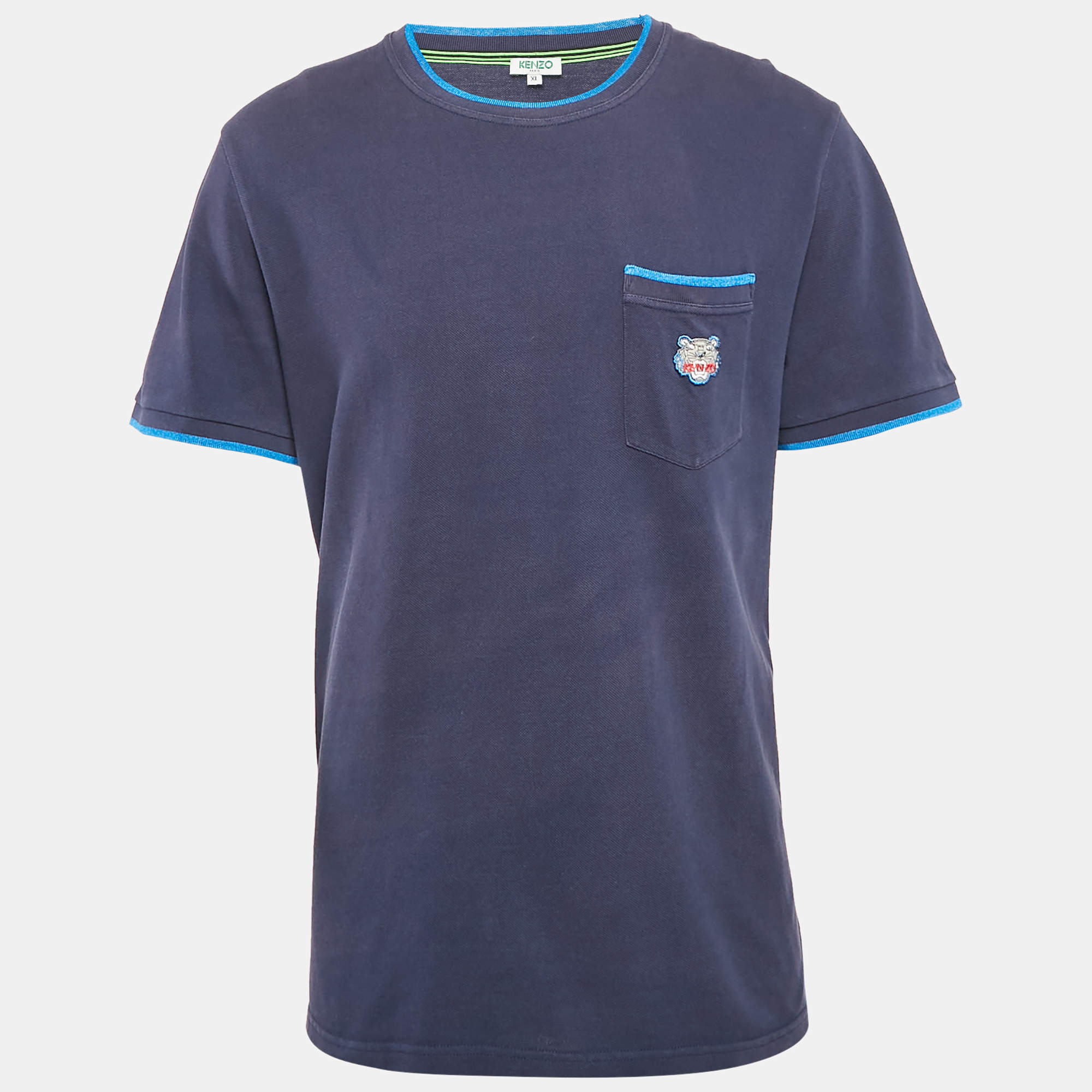 Pre Owned Kenzo Navy Blue Cotton Tiger Patchwork T-Shirt XL