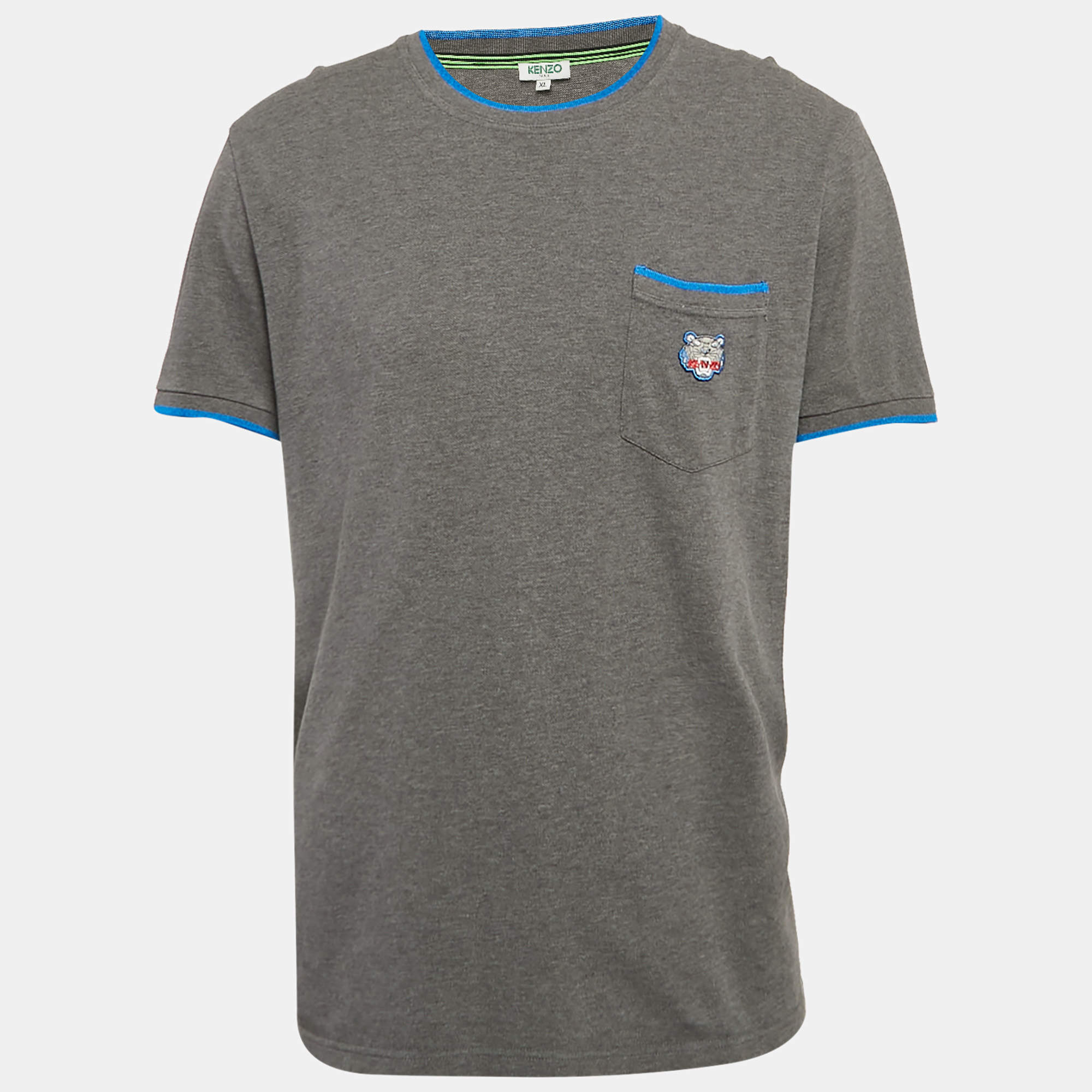 مملوكة مسبقًا Kenzo Grey Tiger Applique Pocket Pique Cotton T-Shirt XL