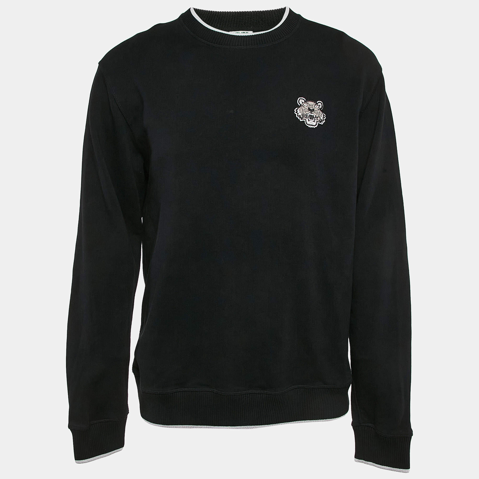 Pre Owned Kenzo Black Tiger Applique Cotton Knit Crew Neck Sweatshirt XL