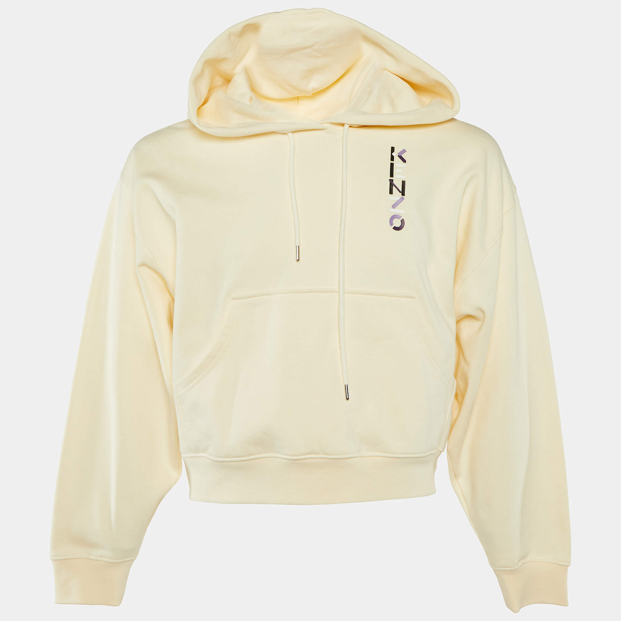 Kenzo Cream Logo Print Cotton Knit Hooded Sweatshirt XL