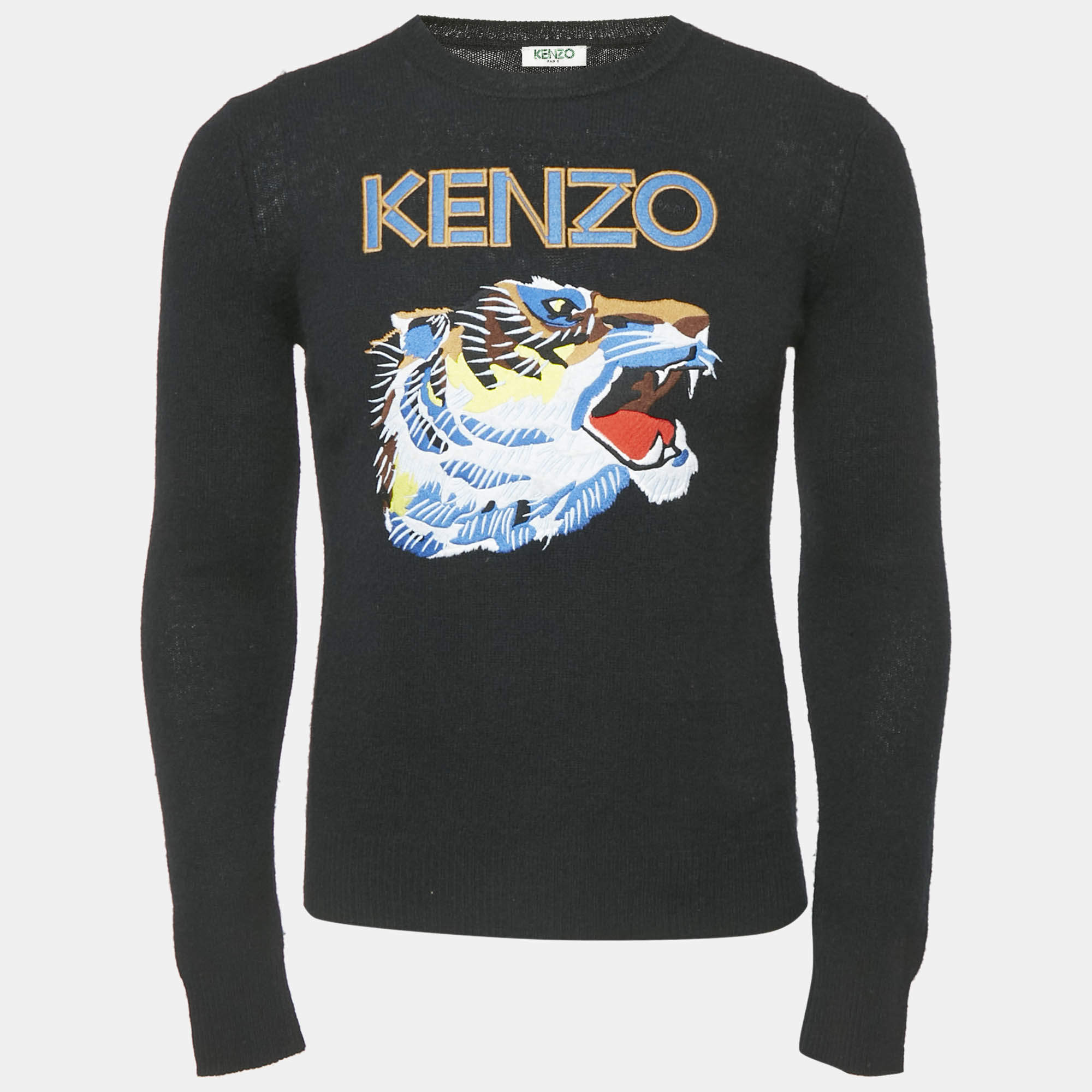 Pre Owned Kenzo Black Tiger Logo Embroidery Wool Blend Knit Sweater XS