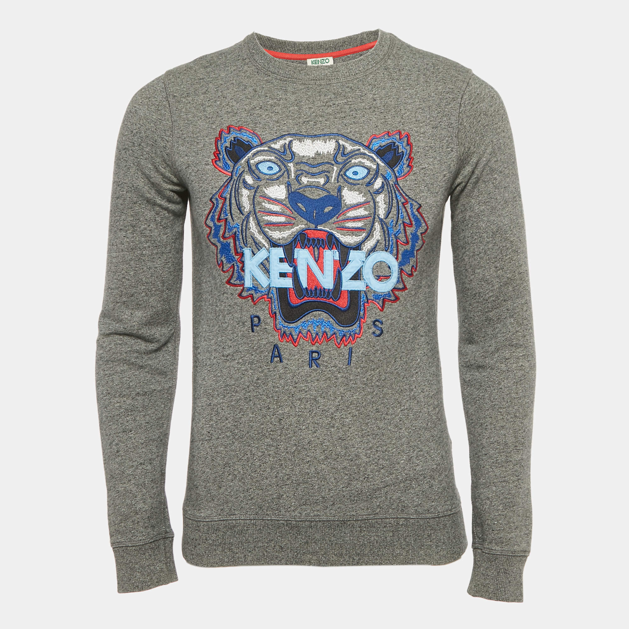 Pre Owned Kenzo Grey Tiger Embroidered Cotton Crewneck T-Shirt XS