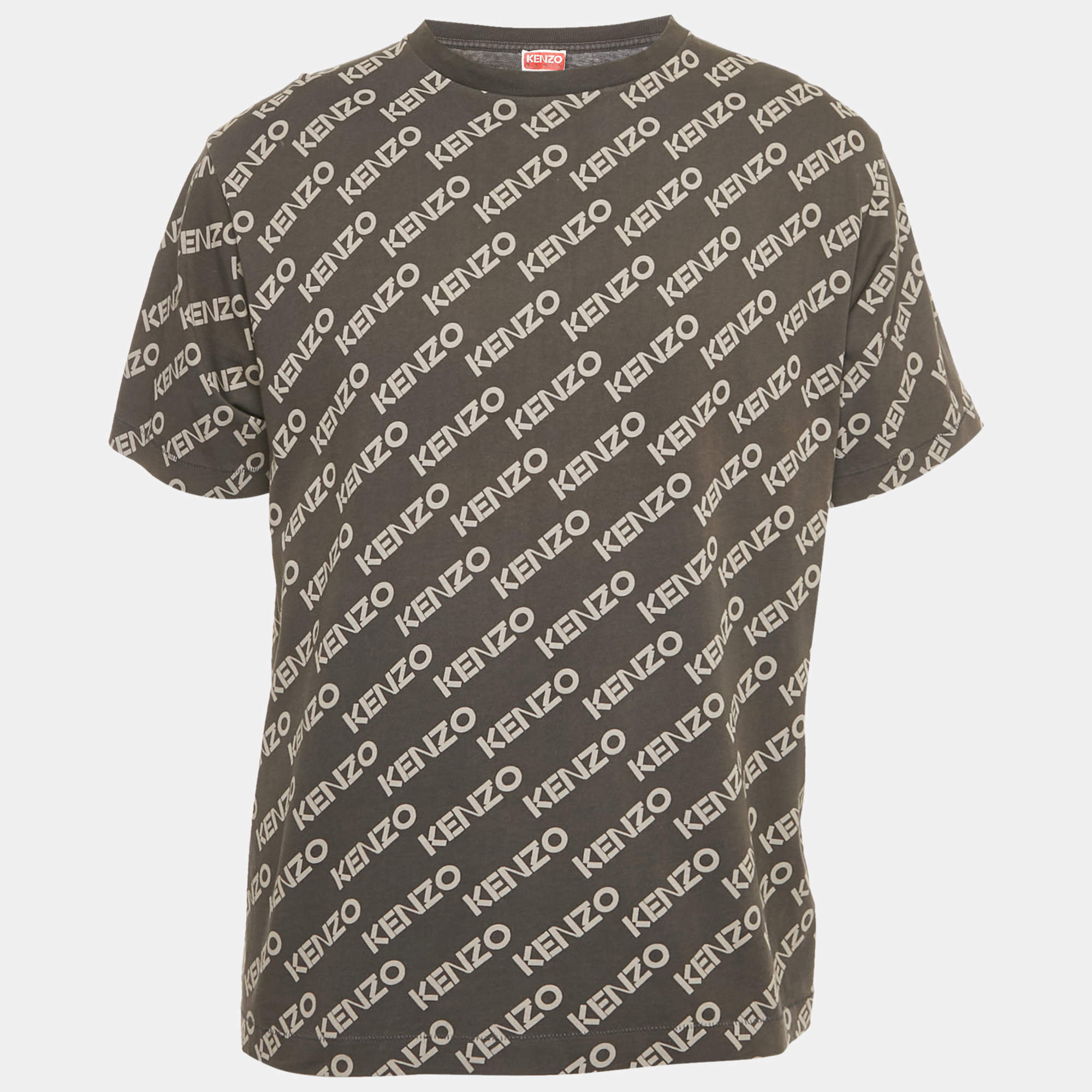 Pre Owned Kenzo Grey Logo All Over Print Jersey T-Shirt S