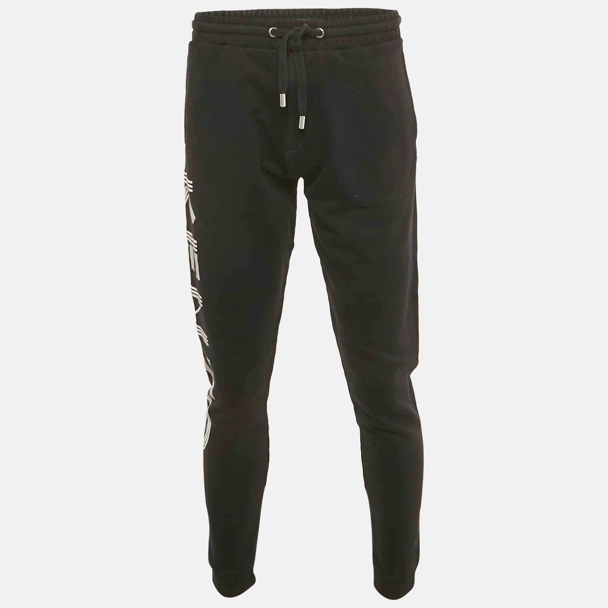 Pre Owned Kenzo Black Logo Print Cotton Drawstring Joggers L