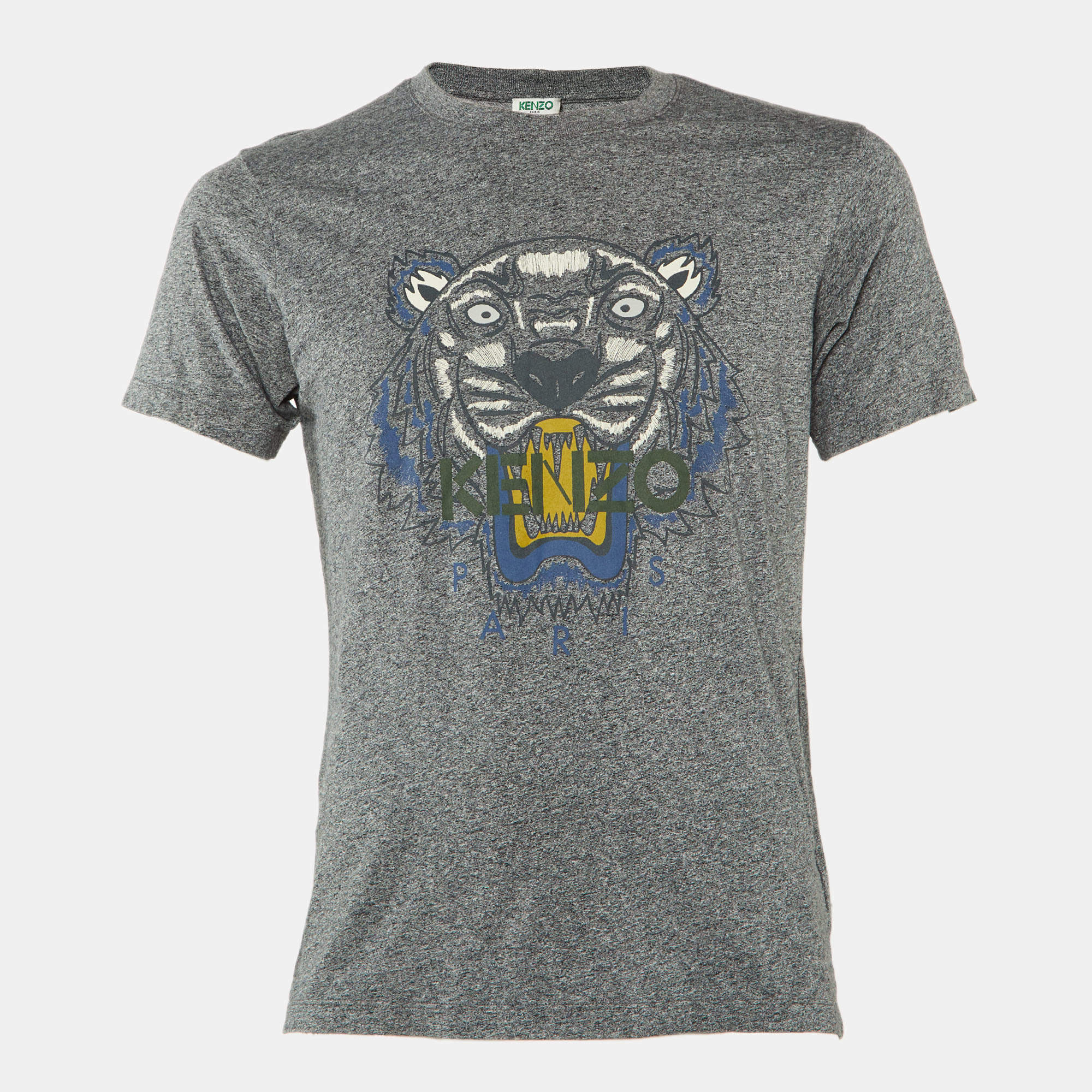 Pre Owned Kenzo Grey Tiger Print Melange Cotton Crew Neck T-Shirt S