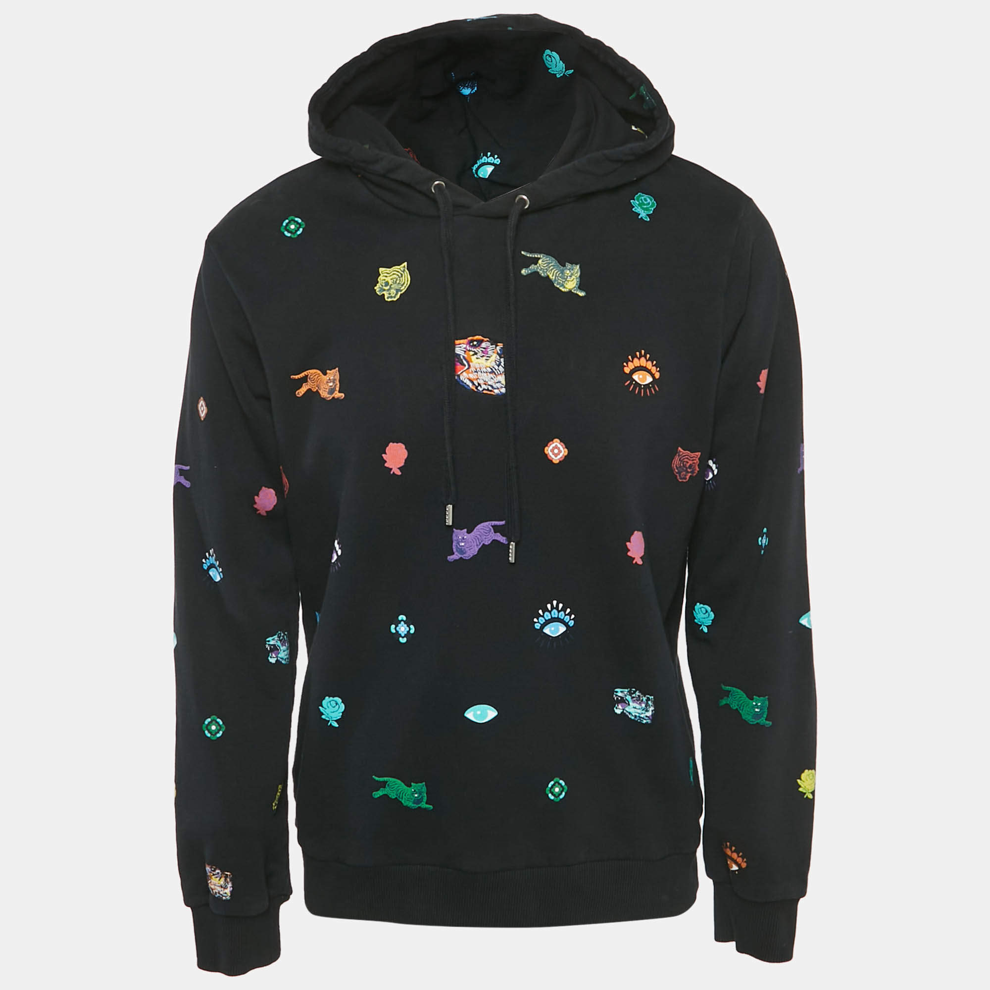 Pre Owned Kenzo Black Tiger Embroidery and Printed Cotton Hoodie M