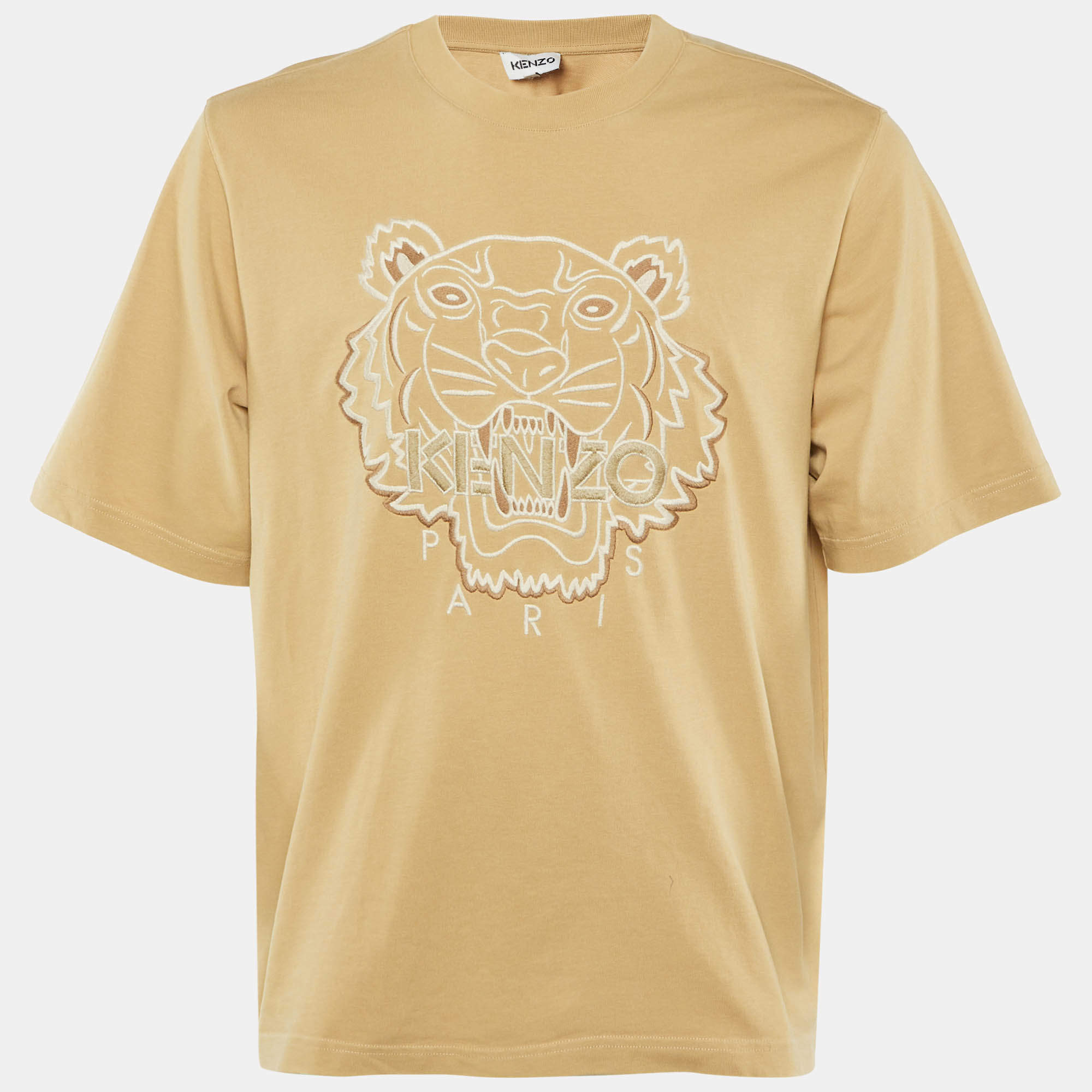 مملوكة مسبقًا Kenzo Dark Beige Tiger Embroidered Cotton Knit T-Shirt L
