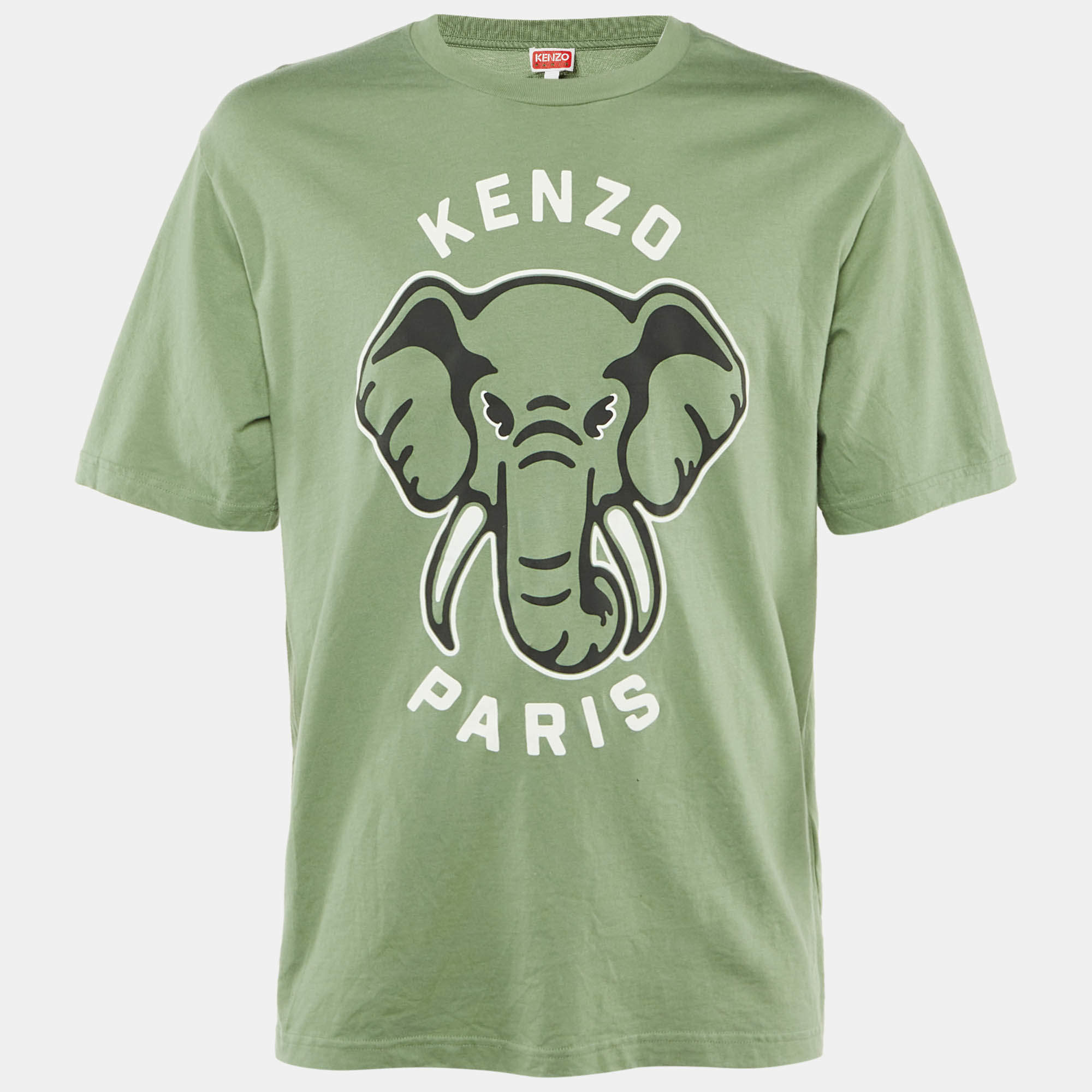 Pre Owned Kenzo Green Elephant Printed Cotton Knit T-Shirt L