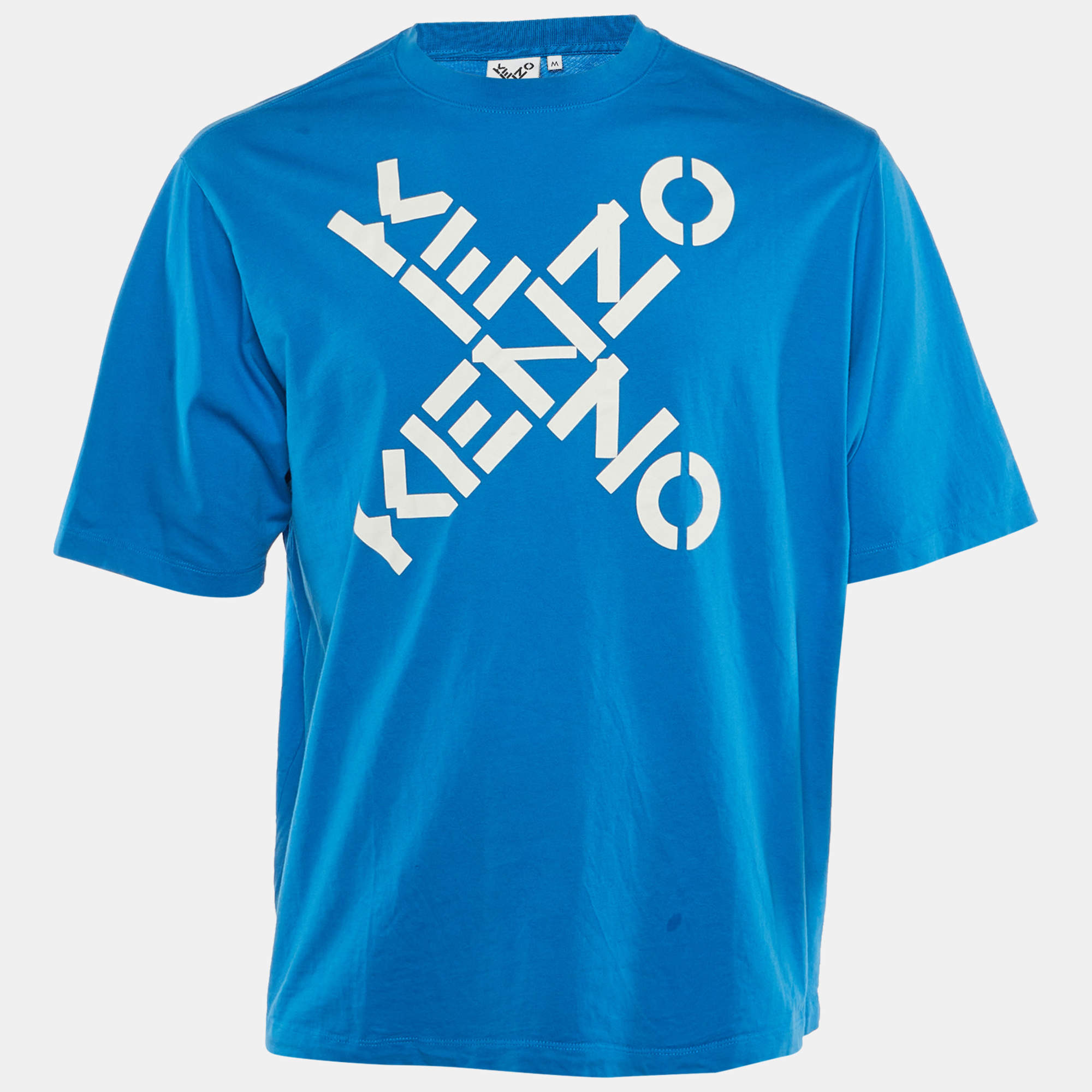 Pre Owned Kenzo Blue Logo Print Cotton Crew Neck T-Shirt M