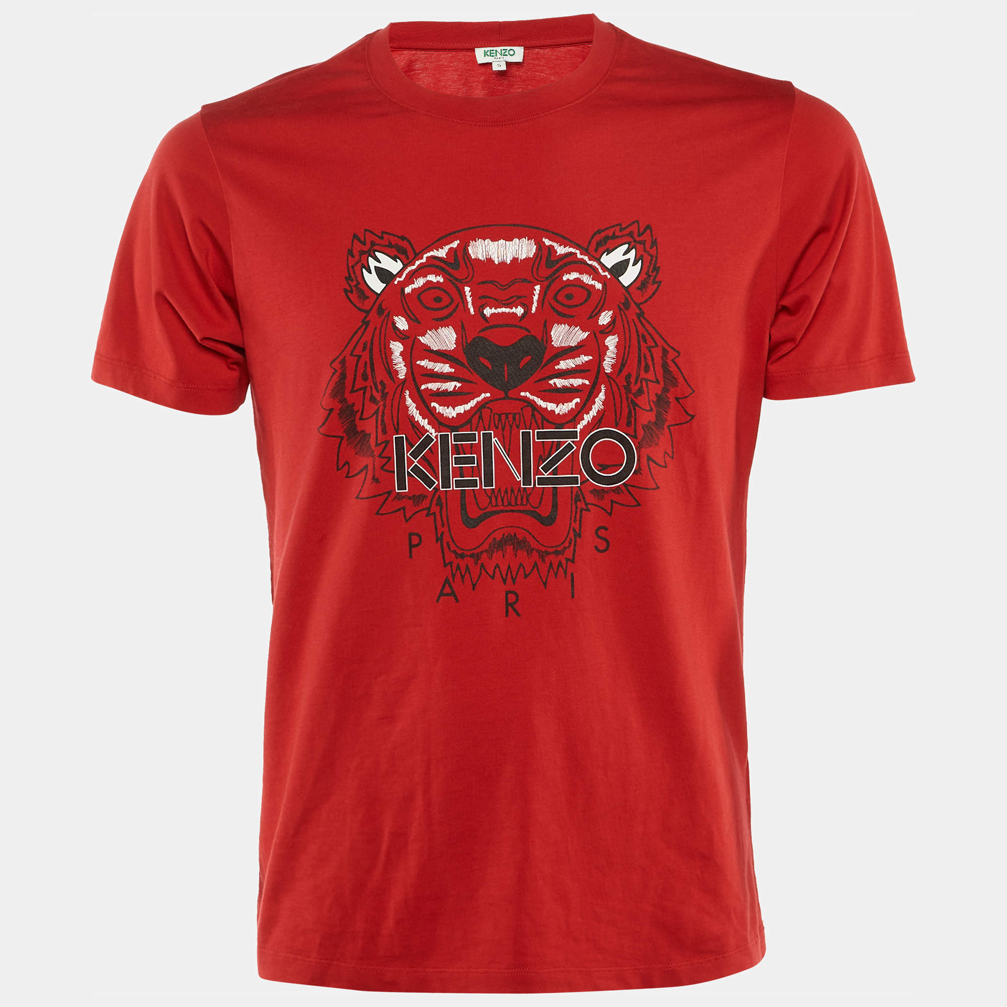 Pre Owned Kenzo Red Tiger Print Cotton Crew Neck T-Shirt S