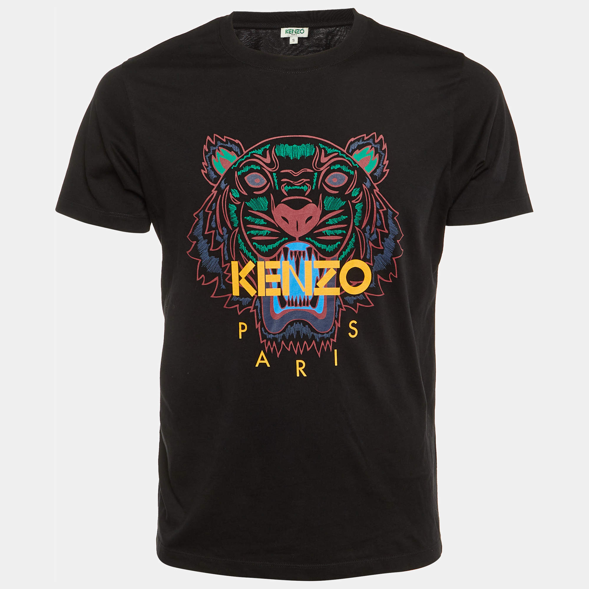 Pre Owned Kenzo Black Tiger Print Cotton Crew Neck T-Shirt S