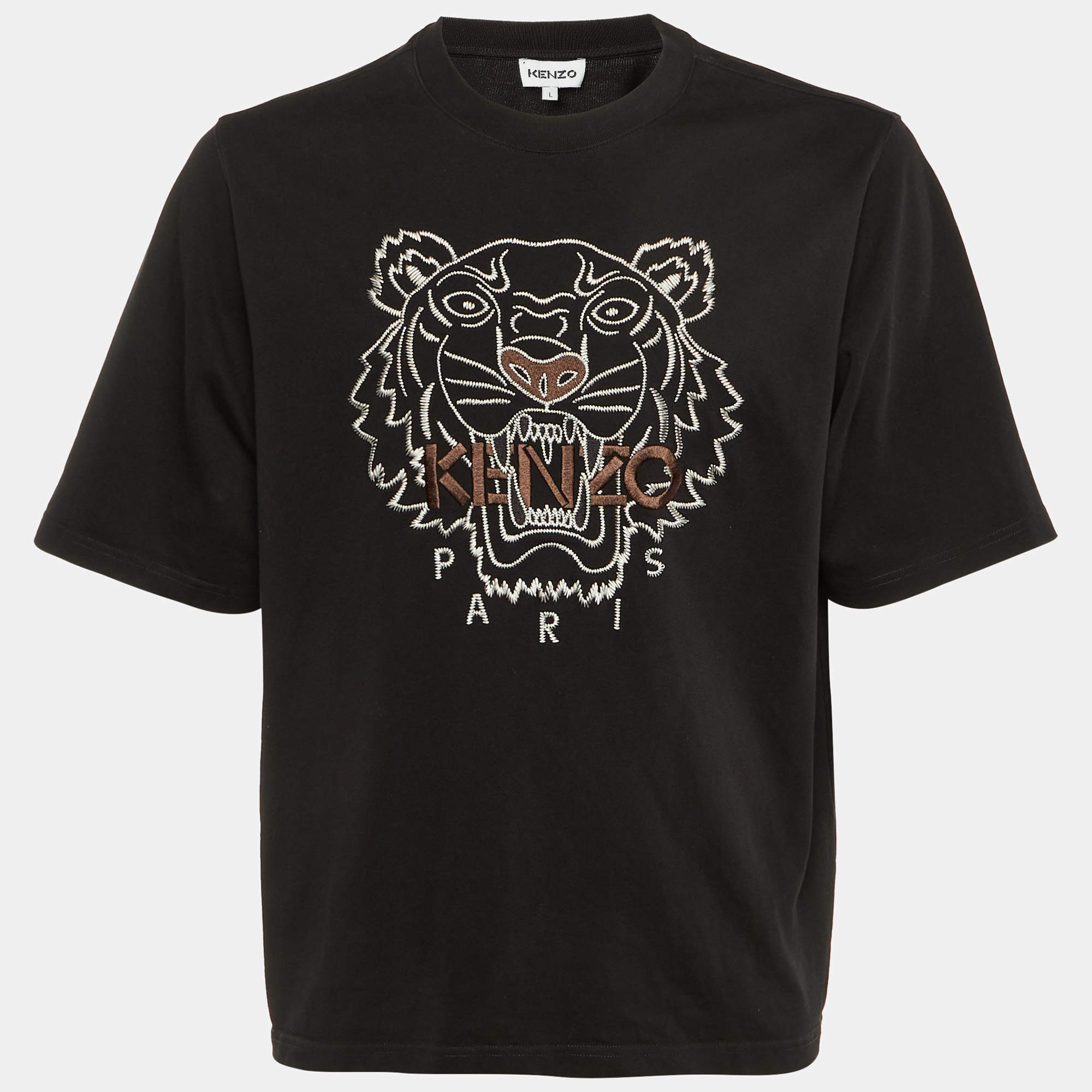 Pre Owned Kenzo Black Tiger Embroidered Cotton Crew Neck T-Shirt L 