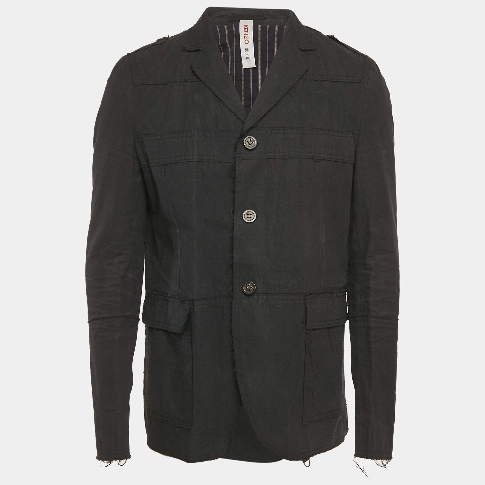 Pre Owned بليزر كينزو ديفيليه قطن أسود بقصة عادية مقاس كبير جداً - إكسترا لارج