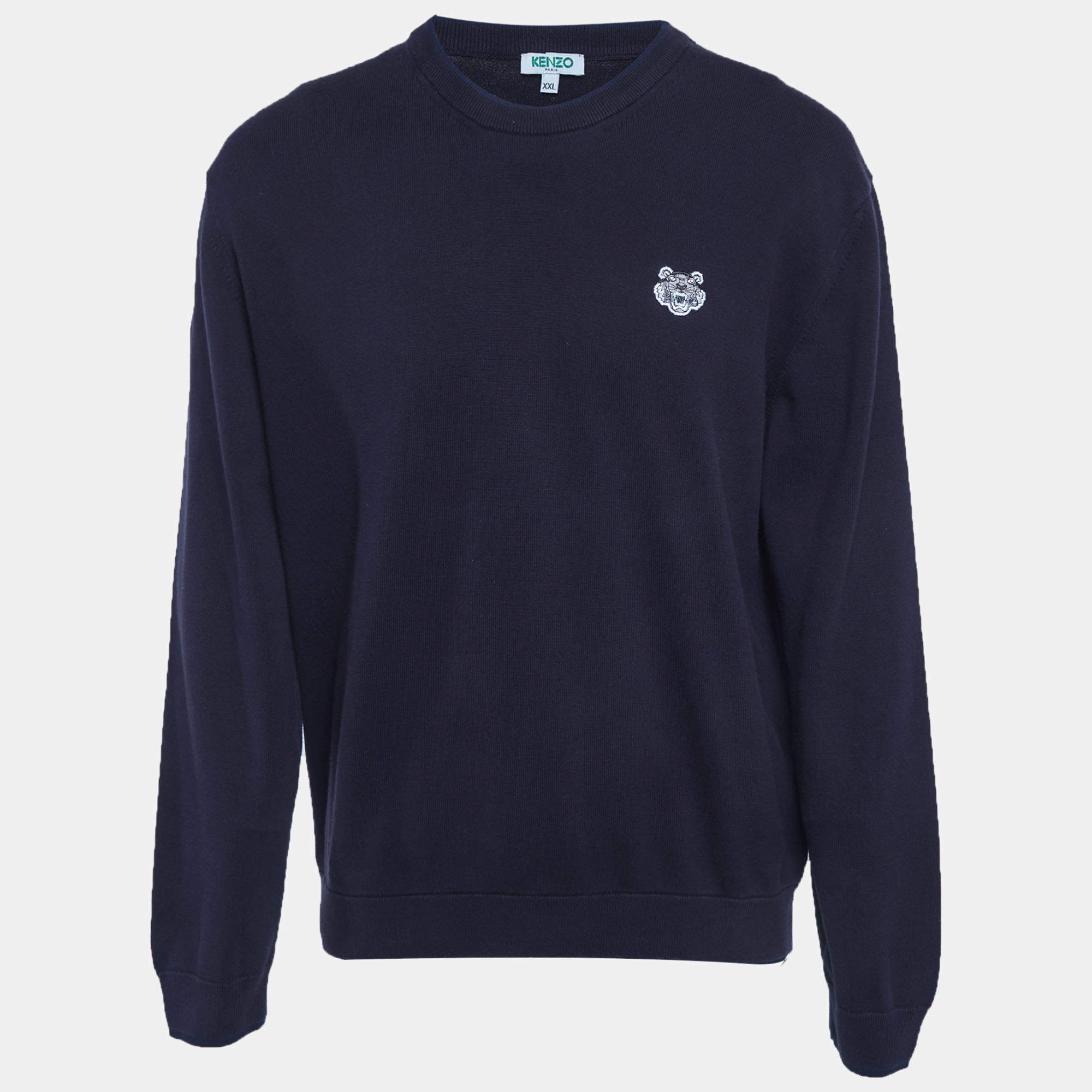 مملوكة مسبقًا سويتشرت كنزو قطن مطرز بشعار أزرق برقبة مستديرة مقاس كبير جداً - إكسترا لارج