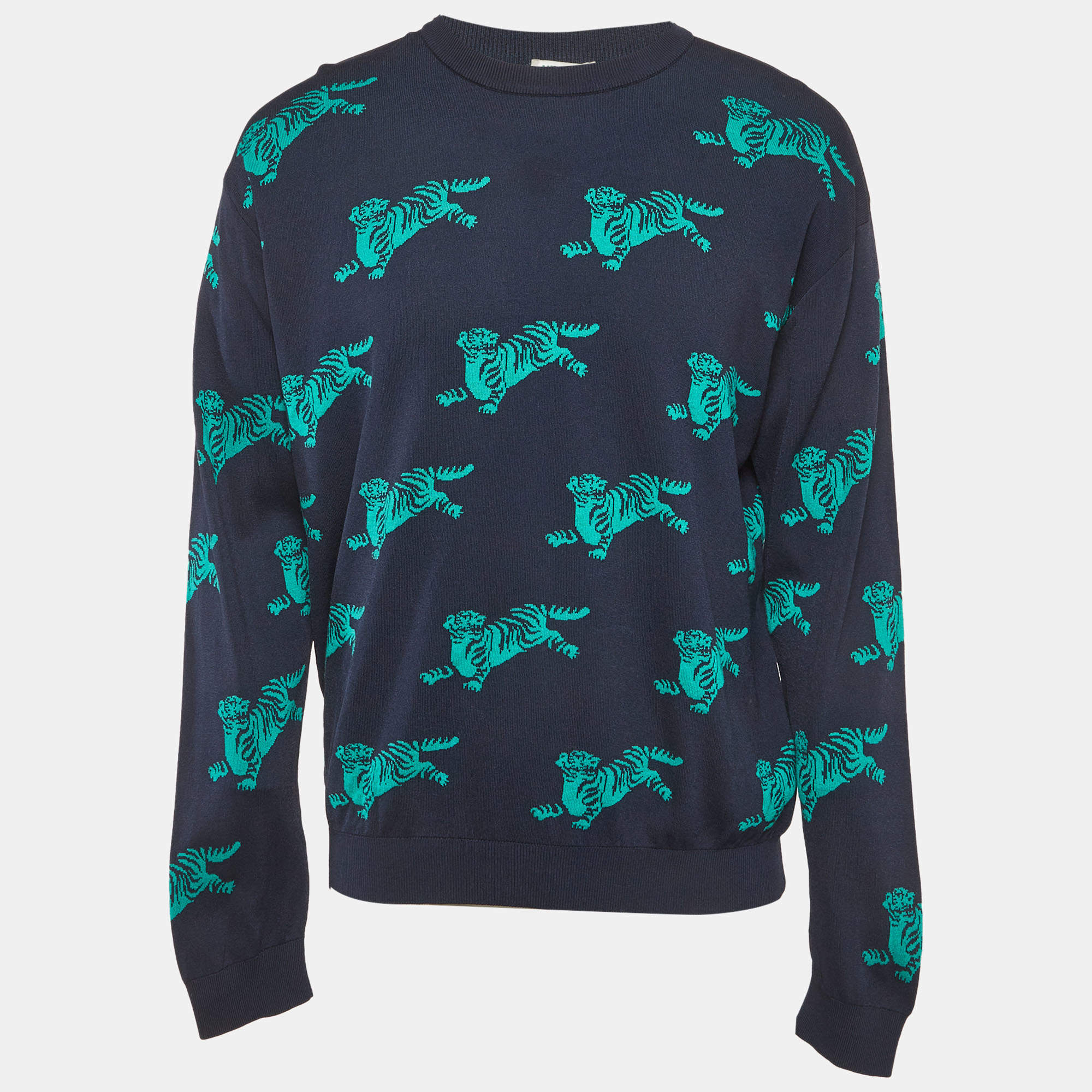 Pre Owned Kenzo Navy Blue All Over Tiger Pattern Knit Jumper L